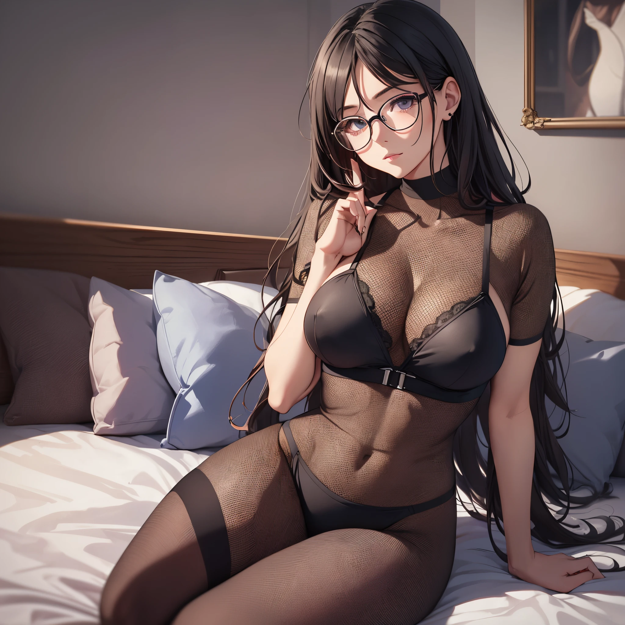 Beautiful girl in sheer jumpsuit, big breasts, slender figure, 8k, 1girl, wearing round-rimmed glasses, Sony camera frontal shooting, sitting on bed, one body
