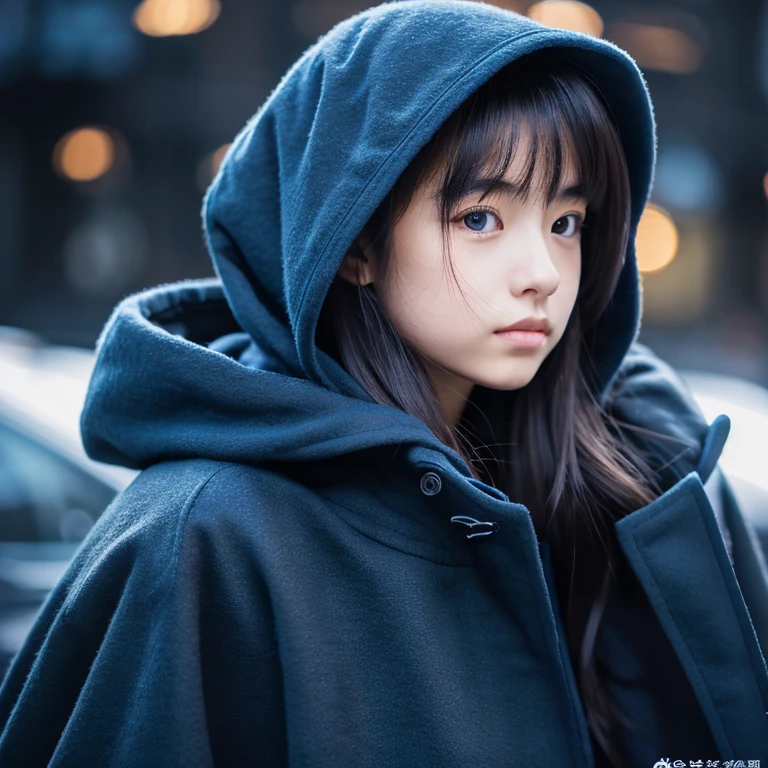 An ultra-high picture quality、Perfect Photo、Japanese 18 year old beautiful girl、Wearing a dark blue duffel coat、early evening、stare、Bun hair、Wearing a hood