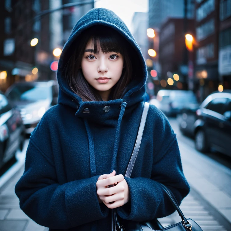 An ultra-high picture quality、Perfect Photo、Japanese 18 year old beautiful girl、Wearing a dark blue duffel coat、early evening、stare、Bun hair、Wearing a hood