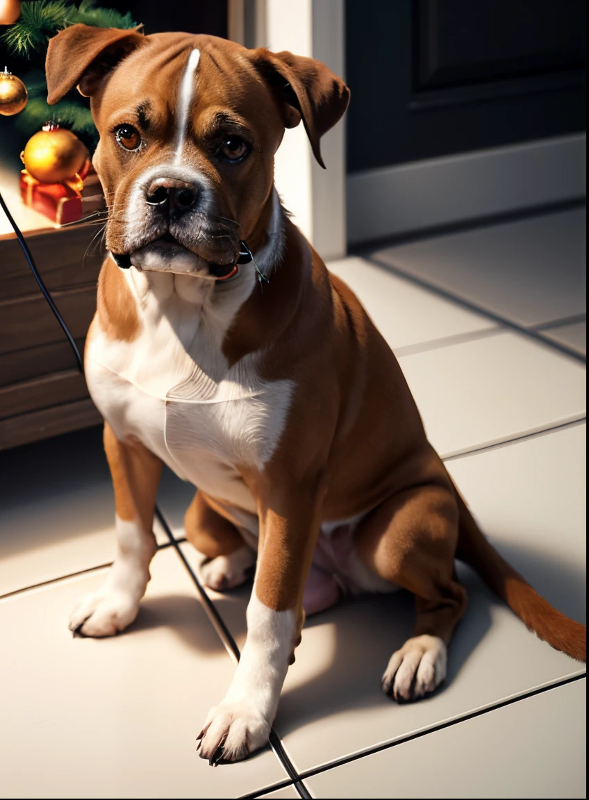 Boxer dog sitting on the floor next to the Christmas tree with Christmas lights in the background!!!! Cachorro macho filhote!!! With delicate features male and cub, cor marrom claro com detalhes brancos na pata, Neck strap, peito e ponta da calda. (( Brown muzzle with white features )). good ilumination, Cinematic lighting