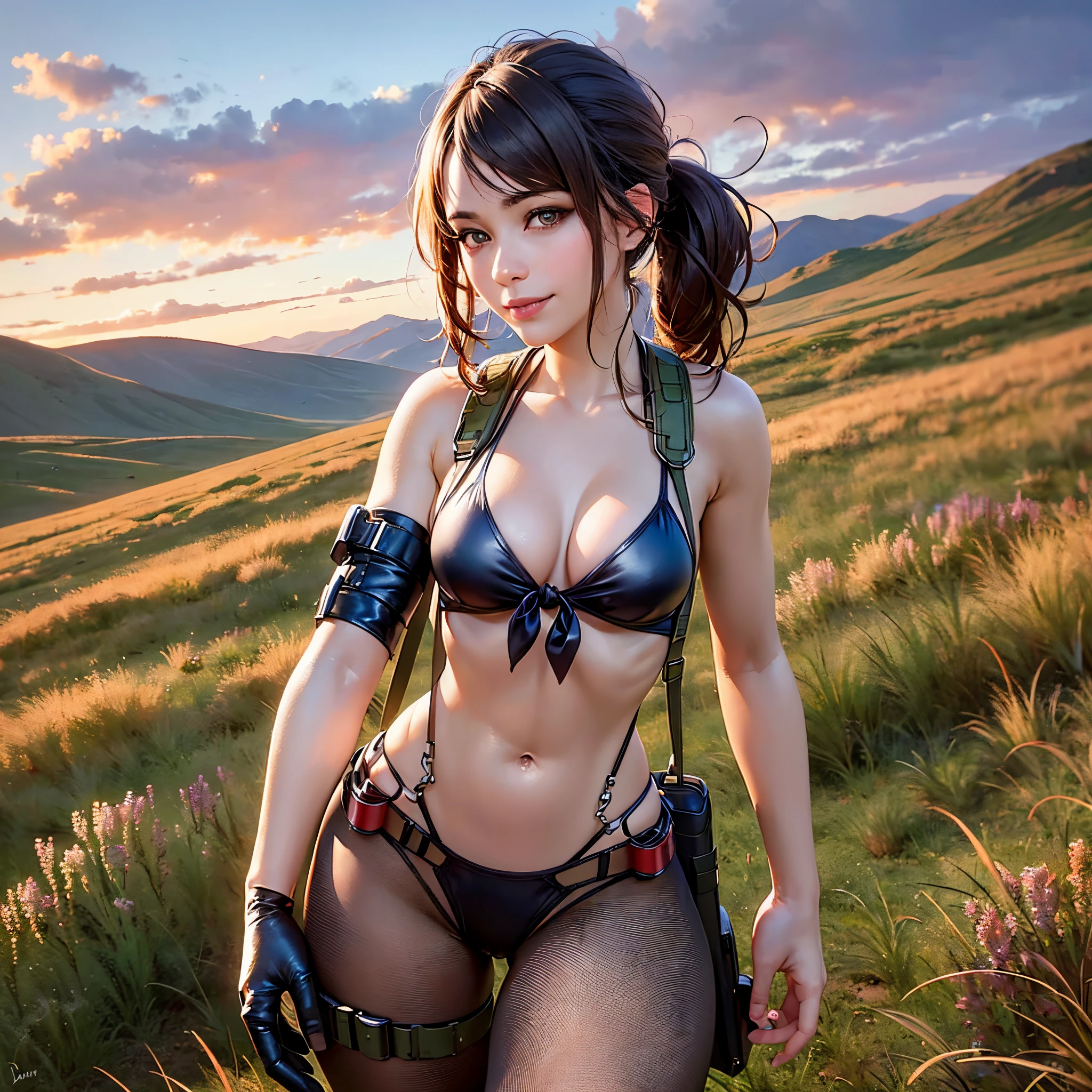 (masterpiece, best quality:1.2), quiet (metal gear), 1girl, pantyhose, torn pantyhose, solo, torn clothes, suspenders, front-tie top, front-tie bikini top, bikini, brown hair, swimsuit, breasts, ponytail, gloves, holster, asymmetrical gloves, cleavage, thigh holster, mismatched gloves, large breasts, single elbow glove, navel, elbow gloves, long hair, lips, highleg, highleg bikini, black bikini, looking at viewer, smile, from behind, hand on own chest, outdoors, field, grass, sunset, clouds