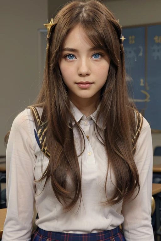 masterpiece, best quality, high quality, 1girl, solo, female focus, looking at viewer, upper body, blue light eyes, golden brown long  hair, star hairclip, school uniform,