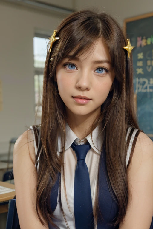 masterpiece, best quality, high quality, 1girl, solo, female focus, looking at viewer, upper body, blue light eyes, golden brown long  hair, star hairclip, school uniform,