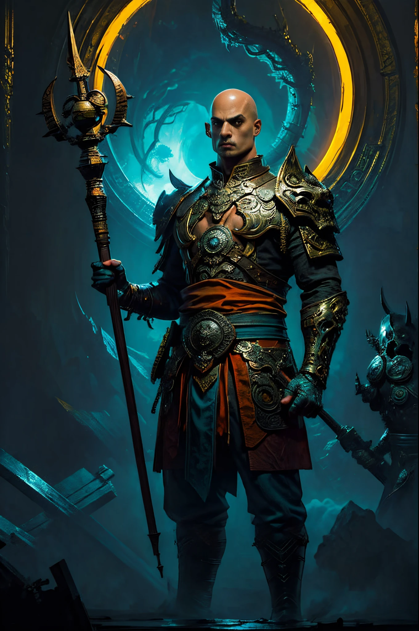 's, gothic art, lightand shade contrast, Standing painting, estimate, holland angle, emphasis lines, tmasterpiece, acurate, Anatomically correct, A high resolution, Best quality at best, super detailing, Award-Awarded，D14BL0 style monk，Use force to solve problemale people)))，(strong），((bald-headed))，Holding a Zen staff，（Chinese Kung Fu），Epic war fantasy digital art，(greg rutkovsky:0.8), (cyan and orange:0.4），People drawing, Standing painting