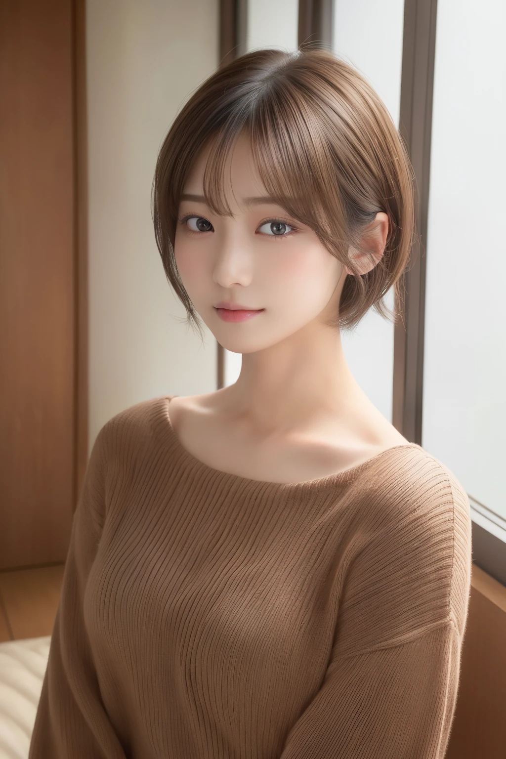 (​masterpiece:1.3), (8K, Photorealsitic, Raw photography, Top image quality: 1.4), japanes, (1girl in), beauitful face, (Lifelike face), (A dark-haired, short-hair:1.3), Beautiful hairstyle, realisticeyes, Eyes in Beautiful Details, (real looking skin), Beautiful skins, enticing, 超A high resolution, A hyper-realistic, high detailing, the golden ratio, prety woman:1.4、light brown hair、top-quality、​masterpiece、超A high resolution、(Photorealsitic:1.4)、Highly detailed and professional lighting smile、Loose and light knitwear、Shoulder out、slender、serious facial expression、Longhaire、Fatal position、乃木坂アイドル、韓国アイドル、hposing Gravure Idol、、25-years old、tall, Glamour、flank、(age19:1.5),