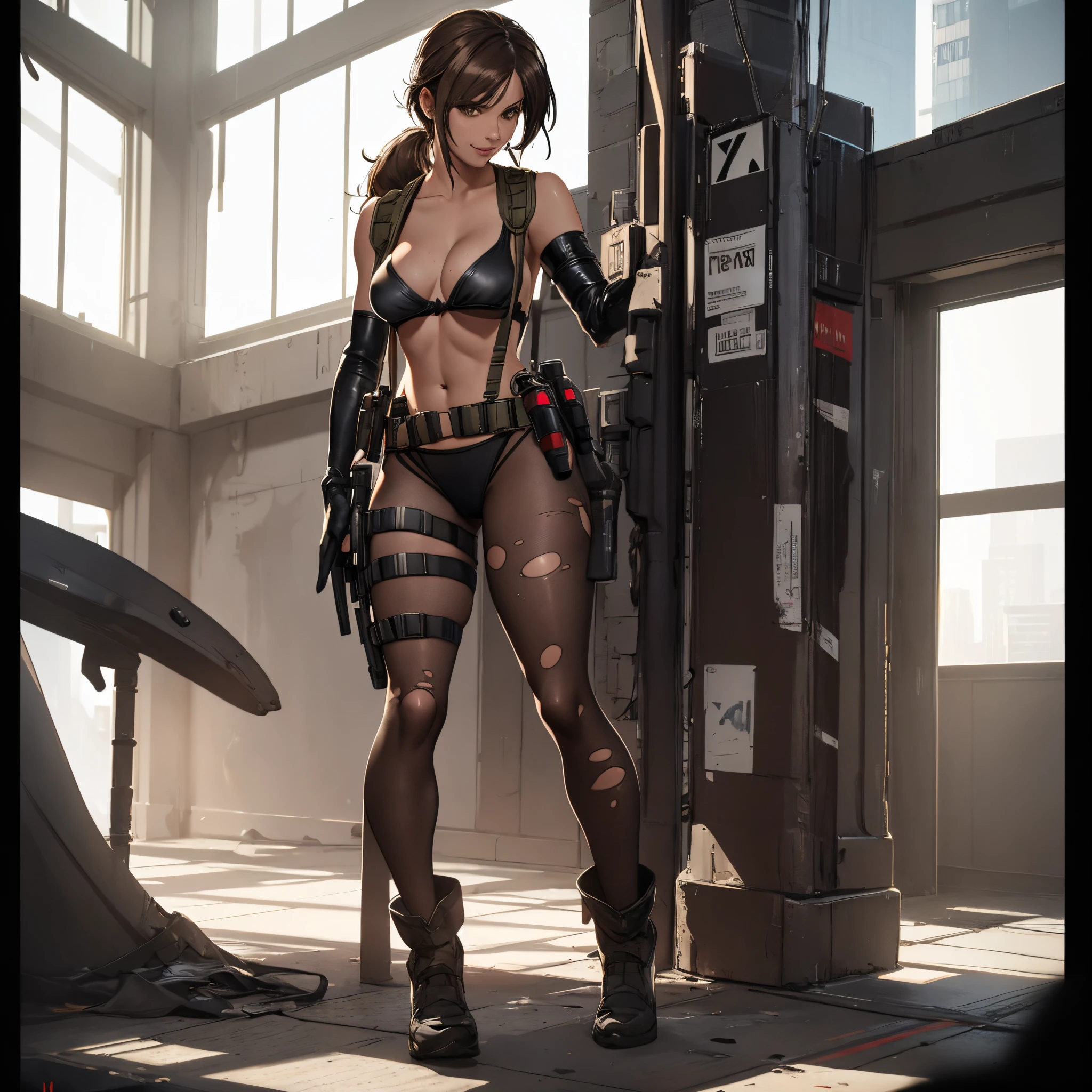 (masterpiece, best quality:1.2), quiet (metal gear), 1girl, pantyhose, torn pantyhose, solo, torn clothes, suspenders, front-tie top, front-tie bikini top, bikini, brown hair, swimsuit, breasts, ponytail, gloves, holster, asymmetrical gloves, cleavage, thigh holster, mismatched gloves, large breasts, single elbow glove, navel, elbow gloves, long hair, lips, highleg, highleg bikini, black bikini, looking at viewer, smile, all fours, from behind, bent over, ass, huge ass, indoors, sunlight, window, bed, bed sheet