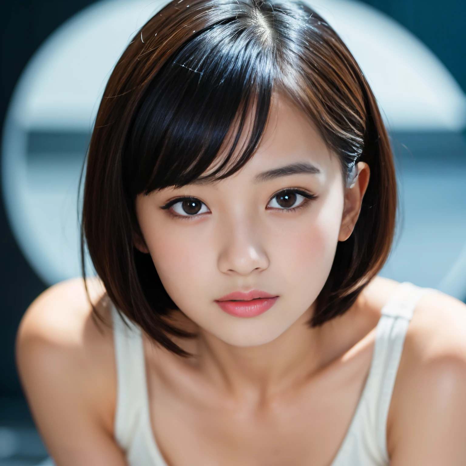 Best-quality, Masterpiece, Ultra-High-Resolution, (Photorealistic:1.4), Raw-Photo, Extremely-Details, Perfect-Anatomy,
1girl, -yeld, thost popular Japanese idol, face focus, portrait, looking at viewer, innocent smile,
extremely cute and childish face like a most famous Japanese idol, extremely beautiful big black solid circle eyes, extremely beautiful black short-cut-haired, extremely beautiful long eyelashes, extremely beautiful lips, detailed cute and childish face, detailed beautiful big black solid circle eyes, detailed beautiful black short-cut-haired, detailed beautiful long eyelashes, detailed beautiful lips