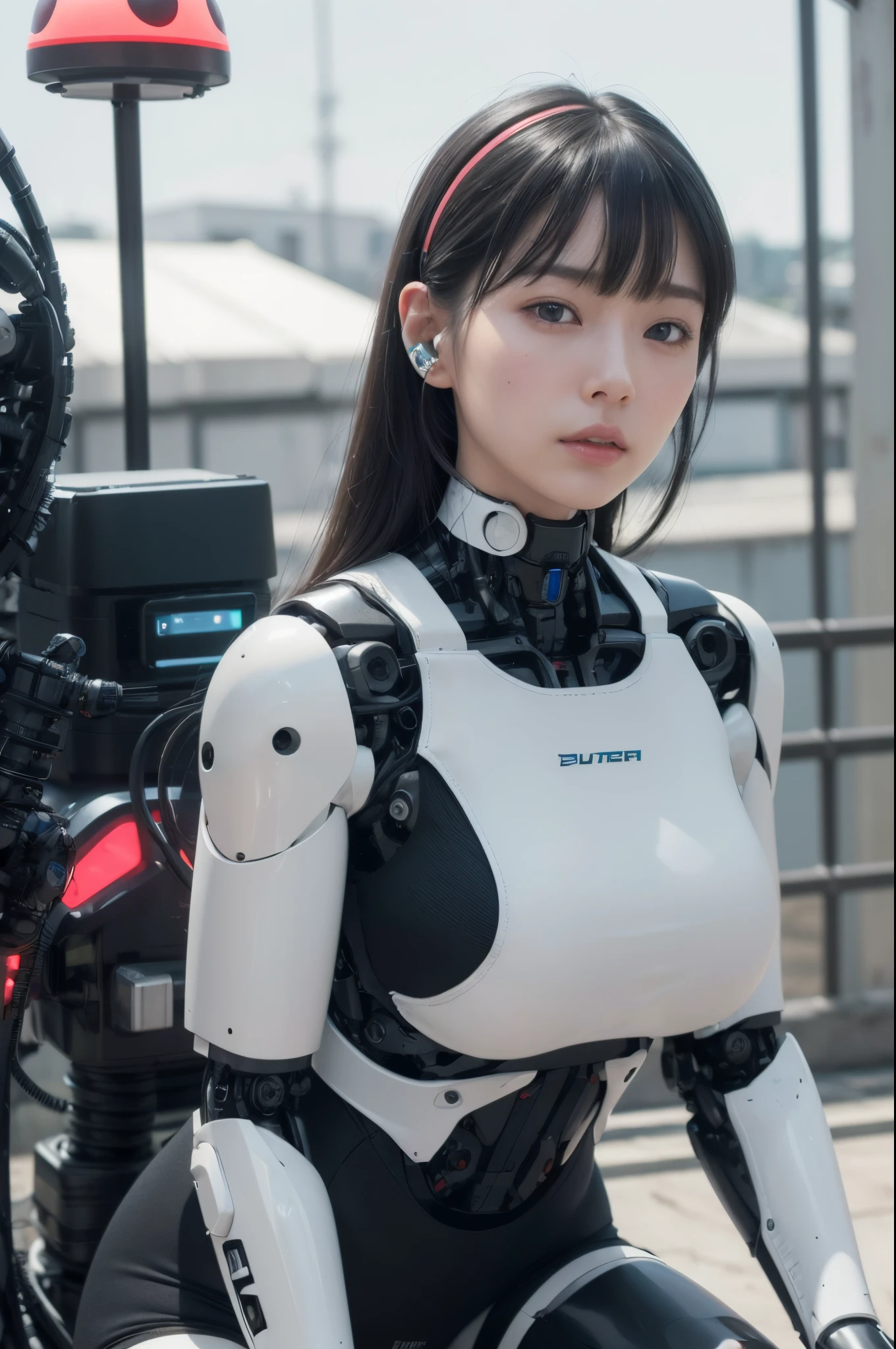 (photorealistic:1.4), (RAW photo)masutepiece, Best Quality, Extremely detailed, (Photorealistic:1.4), (8K, 4K, Best Quality, hight resolution, 超A high resolution:1.1), 8K portrait,1woman in, Japaese android woman,Plump , announcer,control panels,android,Droid,Mechanical Hand, ,Robot arms and legs, Black hair,Mechanical body,Blunt bangs,White Robotics Parts,perfect robot woman,Charging spot,Long Tube,A thick cable was connected to her neck,ceramic body ,Mechanical body, mechanical ear covers,android,robot humanoid,a bit chubby,panty,full eyes,She is exhibits,perfect mechanical body,white robotics body,future laboratory,mechanical ear cover,