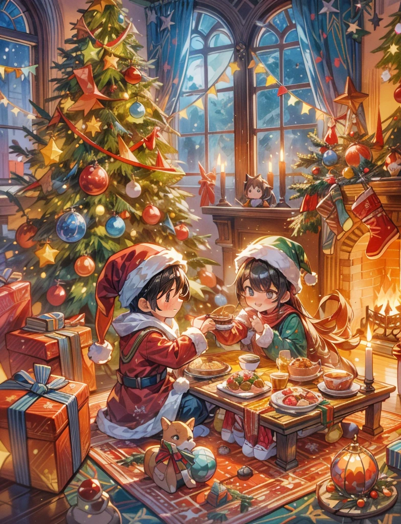 (((Vector illustration style)))，vibrant with coloragical atmosphere，whimsically，Sparkling，Fantasy Christmas World，Being in the room，A ********** and girl wearing Christmas costumes enjoying Christmas dinner。The room  decorated with a tall Christmas tree，covered in flashing lights，Colorful decoration。There are gift boxes stacked next to it，Exquisite packaging reveals expectations and surprises。Warm fire burning in the fireplace，Various Christmas decorations are placed around，There  also a beautiful Christmas wreath hanging on the fireplace。Gingerbread on the table、sucrose、Christmas food，like candy。Kitten feet lying on Christmas rug，wearing a red scarf，Seems to be enjoying this moment。The room  filled with a strong Christmas atmosphere，full of joy and，intoxicate, (Ghibltyle colors, Perspectives, first person perspective, hyper HD, tmasterpiece, acurate, Anatomically correct, super detailing, high detal, high qulity, Award-Awarded, Best quality at best, 8K)