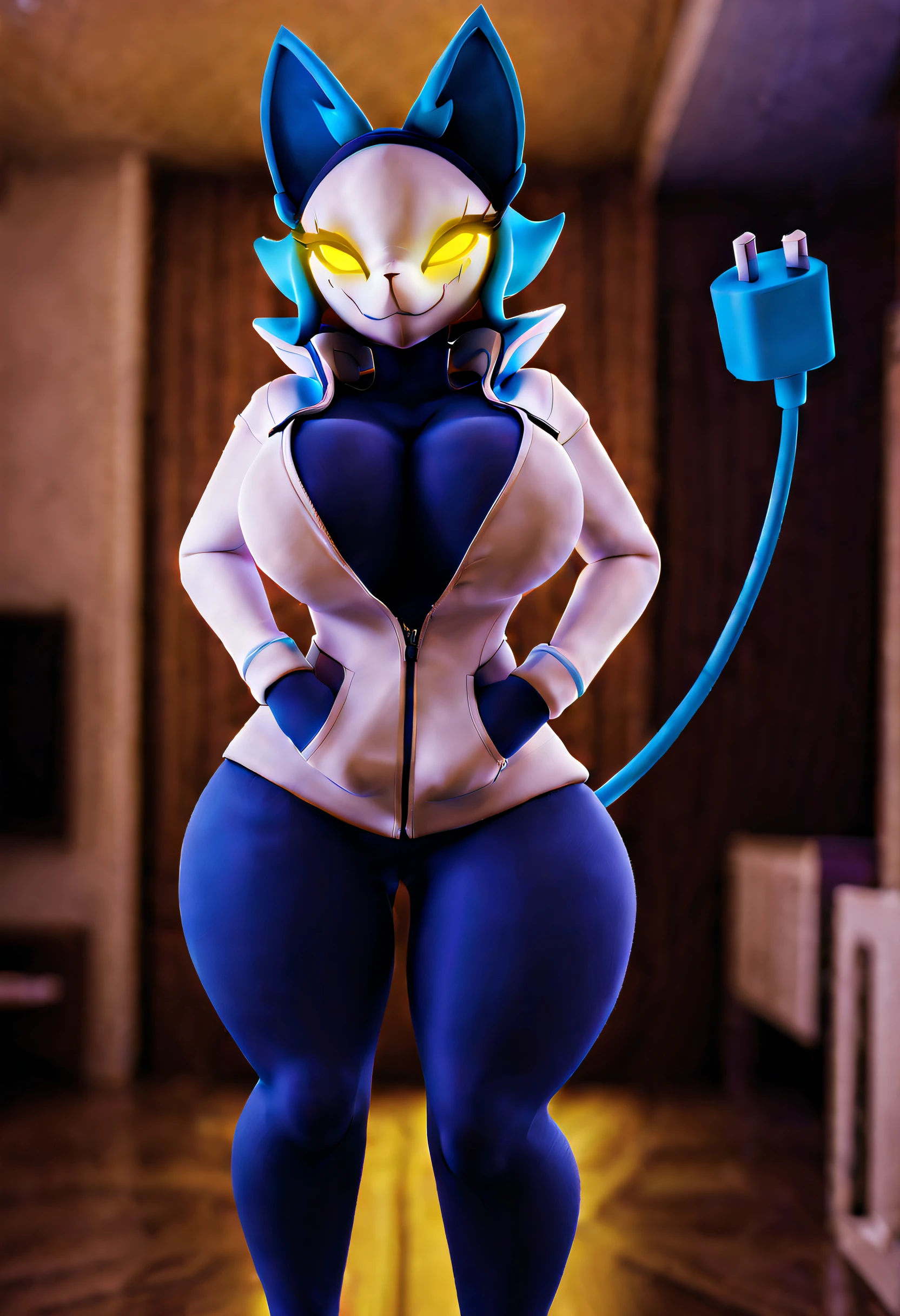 (best quality, masterpiece1.2), 1girl, solo, anthro, cally3d, (tasque manager), white hoodie, blue yoga pants, cleavage, plug tail, dark blue body, blue hair, cat ears, woman, yellow eyes, glowing eyes, sexy, detailed, extreme detail, perfect lighting, 4k,