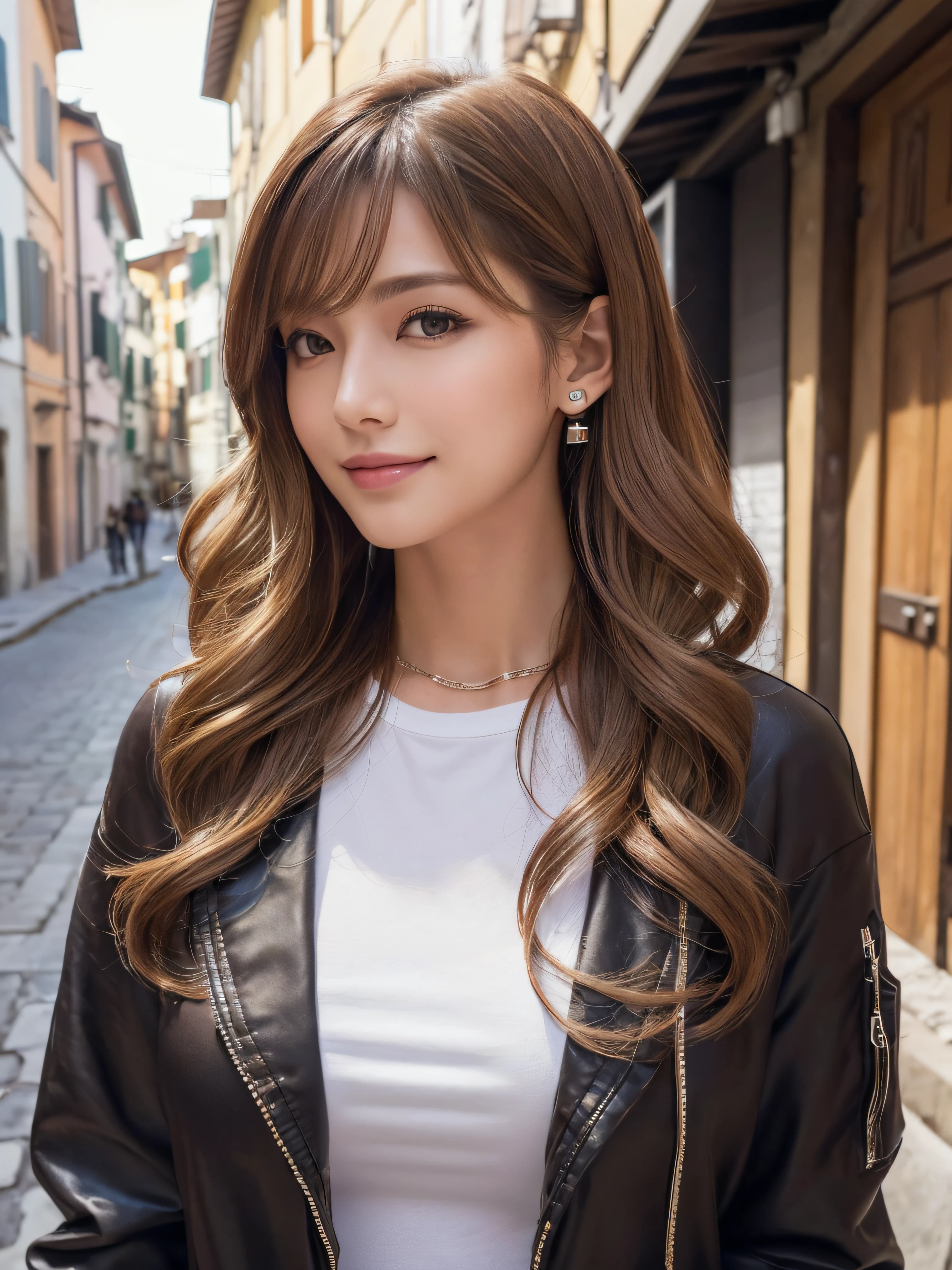 (((​masterpiece,top-quality,16 K,Ultra Detail,reallistic))),One lady,Japan beauties,Photographed from the waist up from the side,Looking here,((Trendy hairstyles,long hair with loose wavy,Air bangs,Light brown hair color)),(Posing like a fashion model,Looks like a model,A smile,Large duplex,Super delicate appearance,small tits,flat breast,Model body type,Trendy makeup),(Piercing,Trendy fashion,The shirt,jaket,long-sleeve,Less exposure),(outside of house,Streets of Italy)