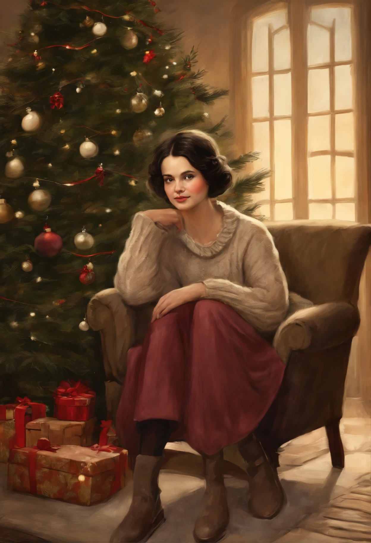 真实感, fairytale, Christmas style, Fantastic tale, John Tolkien style, Small painting by Jean-Baptiste Monge, Portrait of a Young Woman, sitting in a chair in a Christmas cap near the New Year tree, Soft facial features, woman with short dark hair, wears trousers,  wears a sweater, With light makeup,  dark pink lips,  lip shape"pearlescent" ,"curved eyebrows in the shape of Engriberts, light gray eyes,  heavy-lidded eyes, bob hair, short black hair,   crossing legs, in a big soft chair.,Wears trousers, wears a sweater, A slight smile on his face, Hands on the armrests  , Human Hand, Very clear, Without flaws, five fingers,  in the foreground is a fireplace with fire,  Christmas tree in the background, Jean-Baptiste Monge, anthropomorphic --ar 2:3 --testp -optimistic;