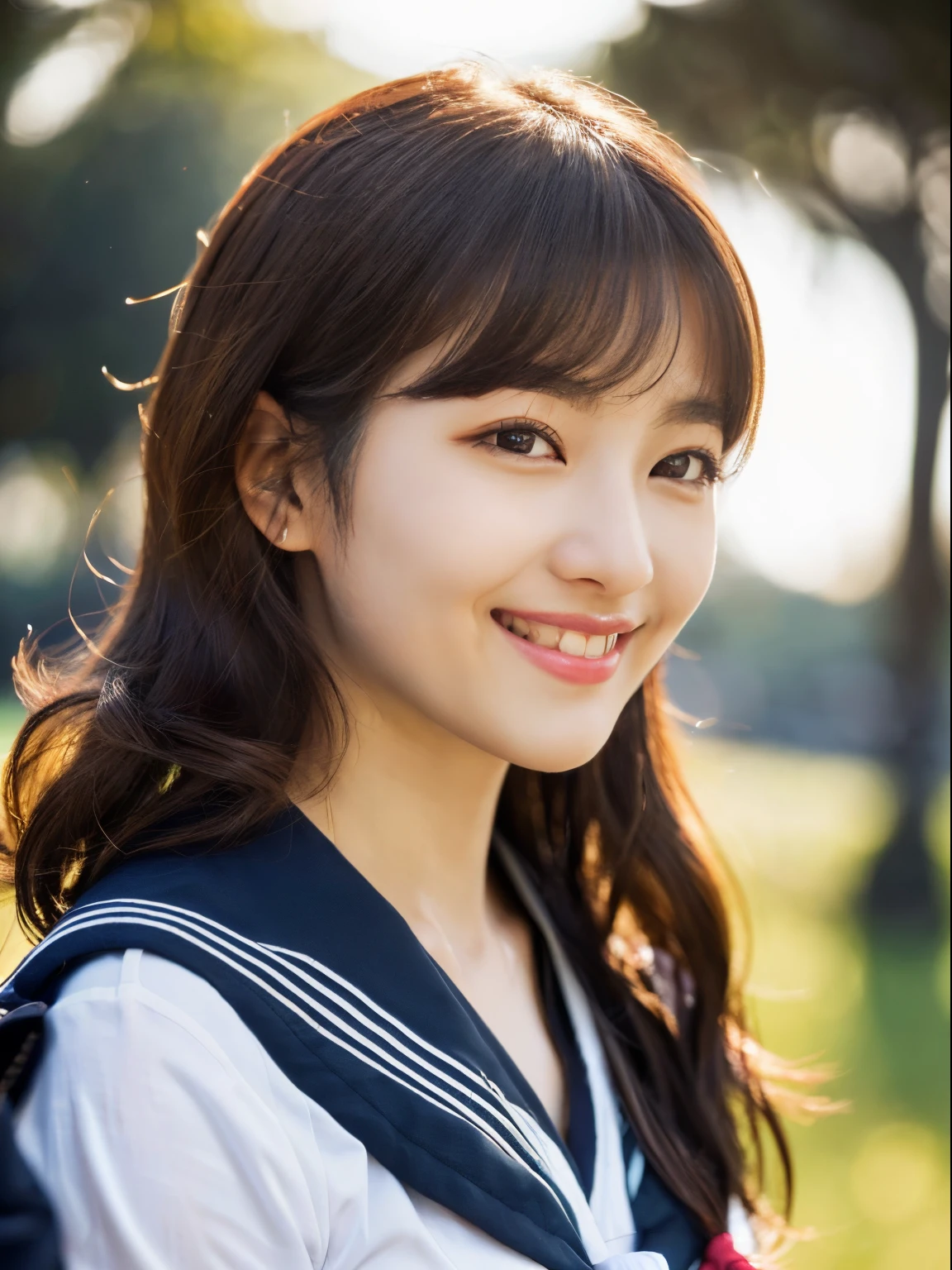 ((((top-quality))))、(((Ultra Precision CG16K Wallpapers)))、(((​masterpiece)))、(((ultra-detailliert)))、(((Ultra-extreme details)))、One woman、a matural female、a 25yo woman、((Korean Face))、((extremely beautiful face))、((Korean Idols:1.8))、((Semi-long cut、curly hair:1.2))、(shinny hair)、Bangs up to the eyebroweautiful brown hair、Beautiful delicate eyerown eyes、lofty nose、small nostrils、seductive lips、slightly open mouth、Beautiful breasts、C-cup size breasts、cleavage of the breast、Plump body、perfectly proportions、perfect anatomia、Beautiful and detailed shading、Beautiful natural lighting、Beautiful detail glow、depth of fields、(((a high chroma)))、((realisitic:1.9))、((Vivid：1.4))、((Beautiful skin))、((Skin texture))、((Realistic skin feeling))、perfect-composition、((cowboy  shot))、((Angle of view from the front))、((a smile:1.2))、(Eyes looking at me)、Bright sunshine、((a park:1.2))、(Blur the background)、((girl sailor suit:1.5))、(a necklace)、