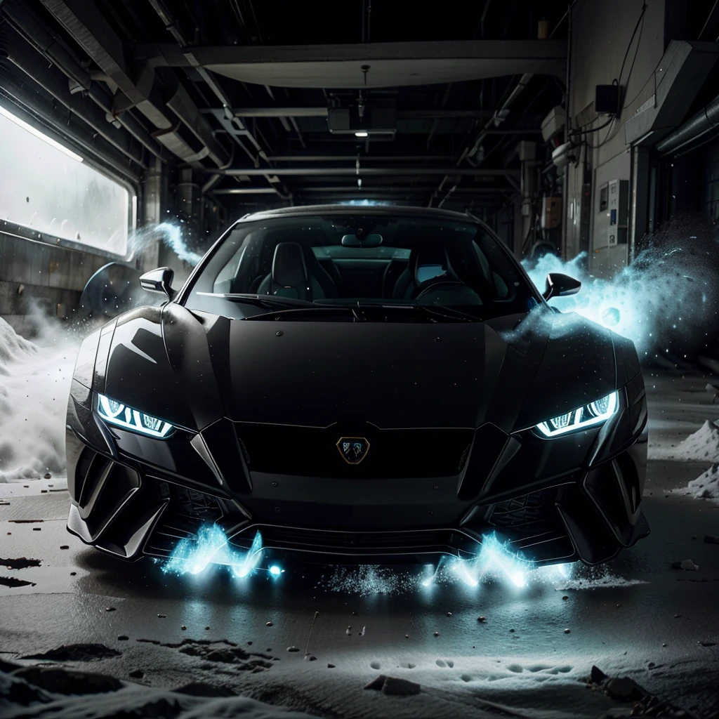 Realistic 8k Full HD image, give me a super powerful car that has not yet been invented, the car is black with blue details, it is from the brand Lamborghini, the landscape has to be a mountain full of snow, it has to be snowing