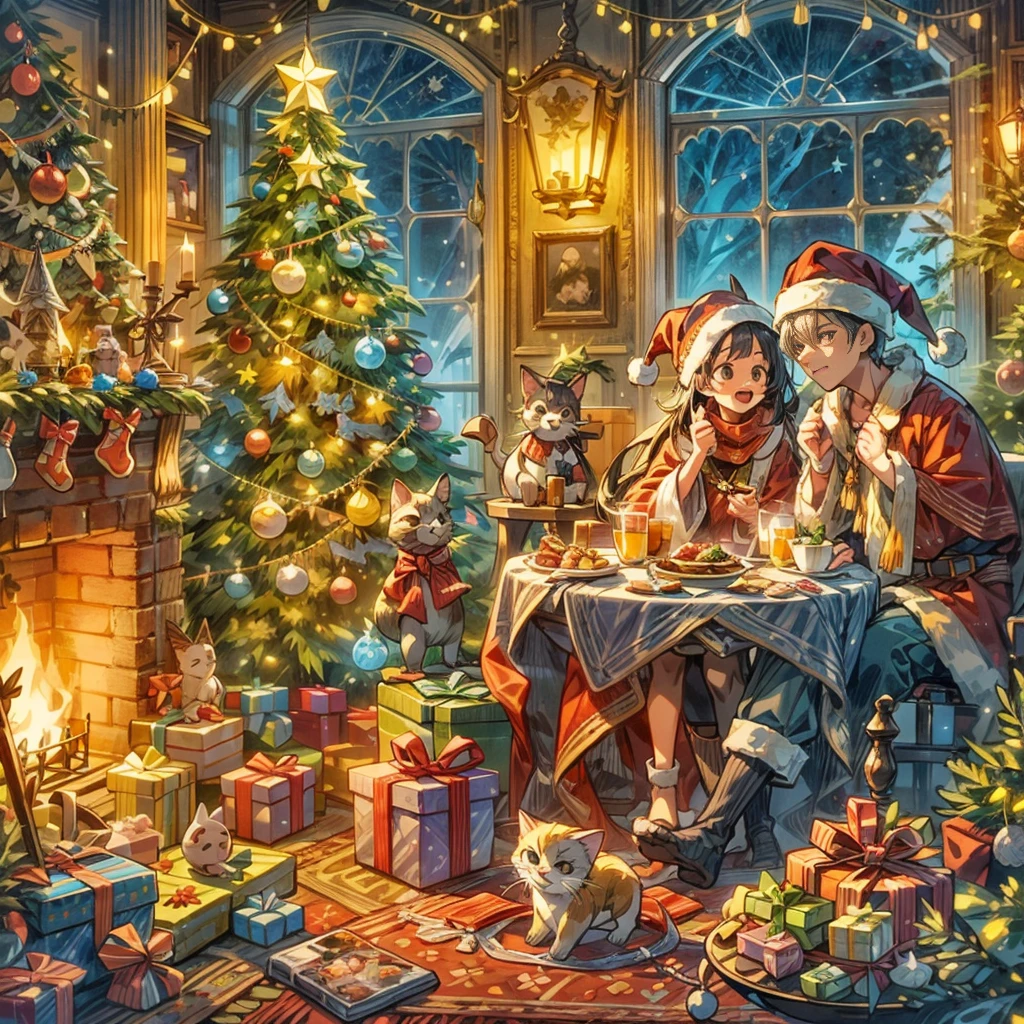 (((Vector illustration style))),vivd colour,magical ambiance,whimsically,Sparkling,Fantasy Christmas world,In the room,A young couple wearing Christmas costumes enjoying Christmas dinner。The room decorated with a tall Christmas tree,Covered with flashing lights,Decoration colorful。There are gift boxes stacked next to it,Exquisite packaging reveals expectations and surprises。A warm fire burns in the fireplace,Various Christmas decorations are placed around,There also a beautiful Christmas wreath hanging on the fireplace。Gingerbread cookies on the table、Cane sugar、Christmas delicacies such as candies。Kitten at feet lies on Christmas rug,wearing a red scarf,Seems to be enjoying this moment。The room filled with a strong Christmas atmosphere,full of joy and,Intoxicating, (Ghibli-like colours, pov, first-person view, UHD, masterpiece, ccurate, anatomically correct, super detail, high details, high quality, award winning, best quality, 8k)