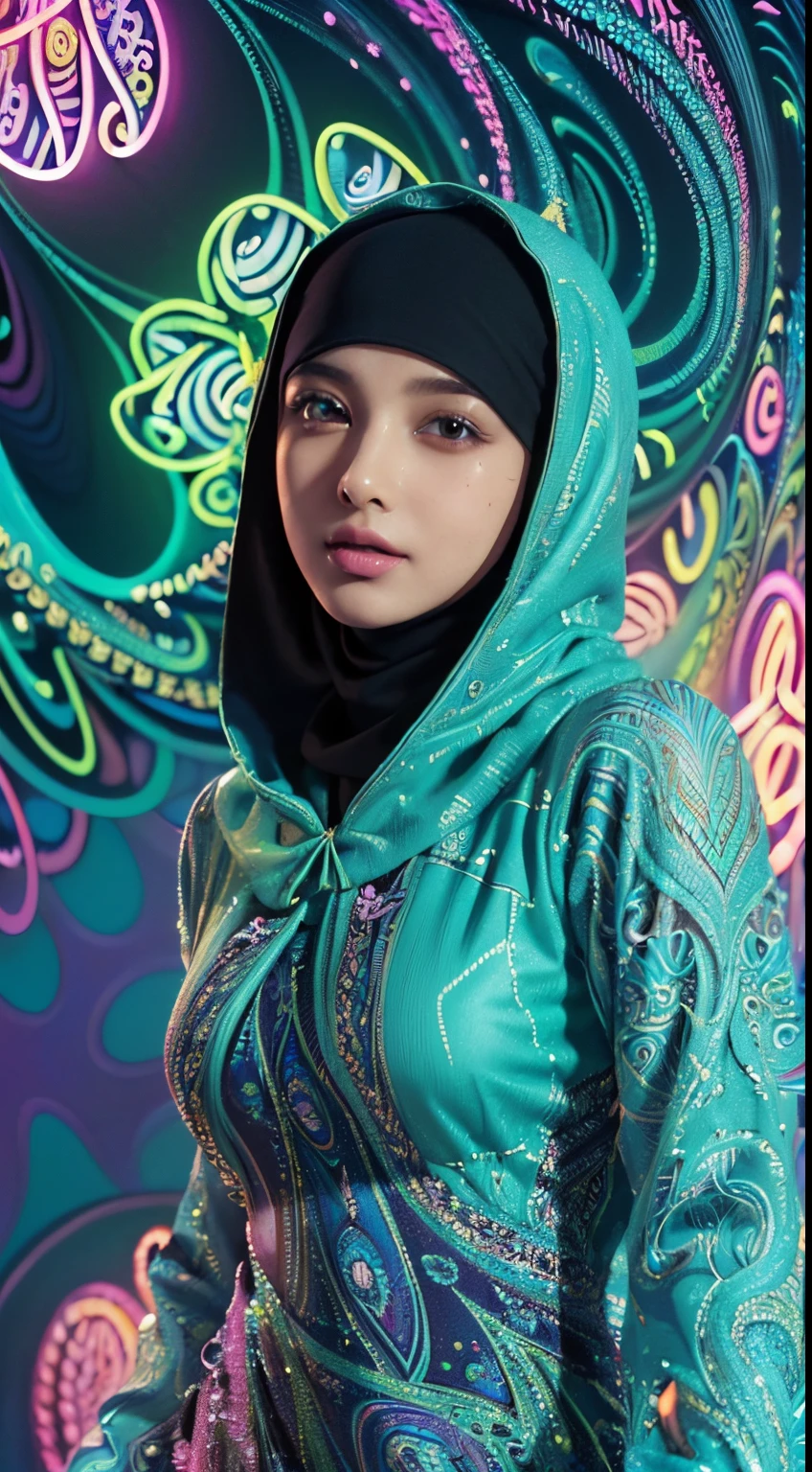 hijabi, (masterpiece, top quality, best quality, official art, beautiful and aesthetic:1.2), (1girl:1.3), extremely detailed,(fractal art:1.2),colorful,highest detailed,( zentangle neon:1.2), (dynamic pose), (abstract background neon:1.5), (traditional dress:1.2), (shiny skin), (many colors:1.4), upper body ,Neon,16K,Full HD