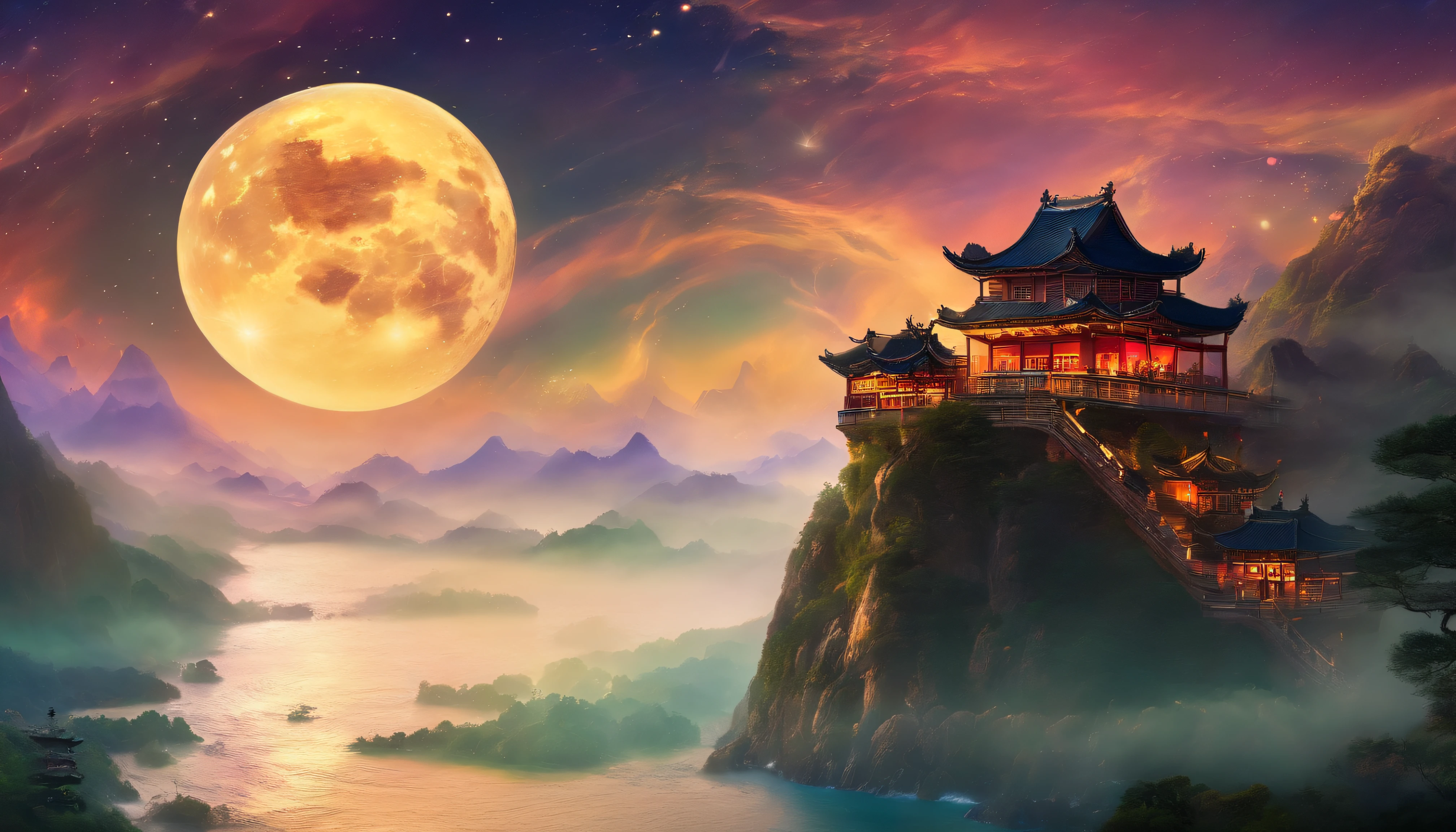 (Tang dynasty style),(Cliff illuminated by huge moon),The poet standing on the edge of the cliff,Ultra long distance viewing angle