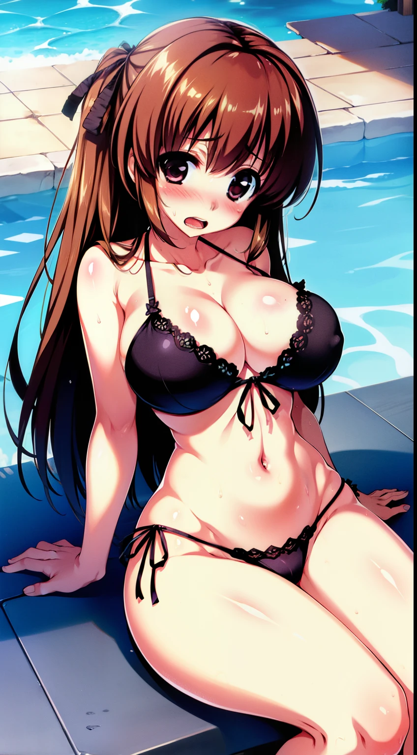 Large breasts,wide hips,bikini of,Open mouth,sweat body,Wet body,in poolside,sitting