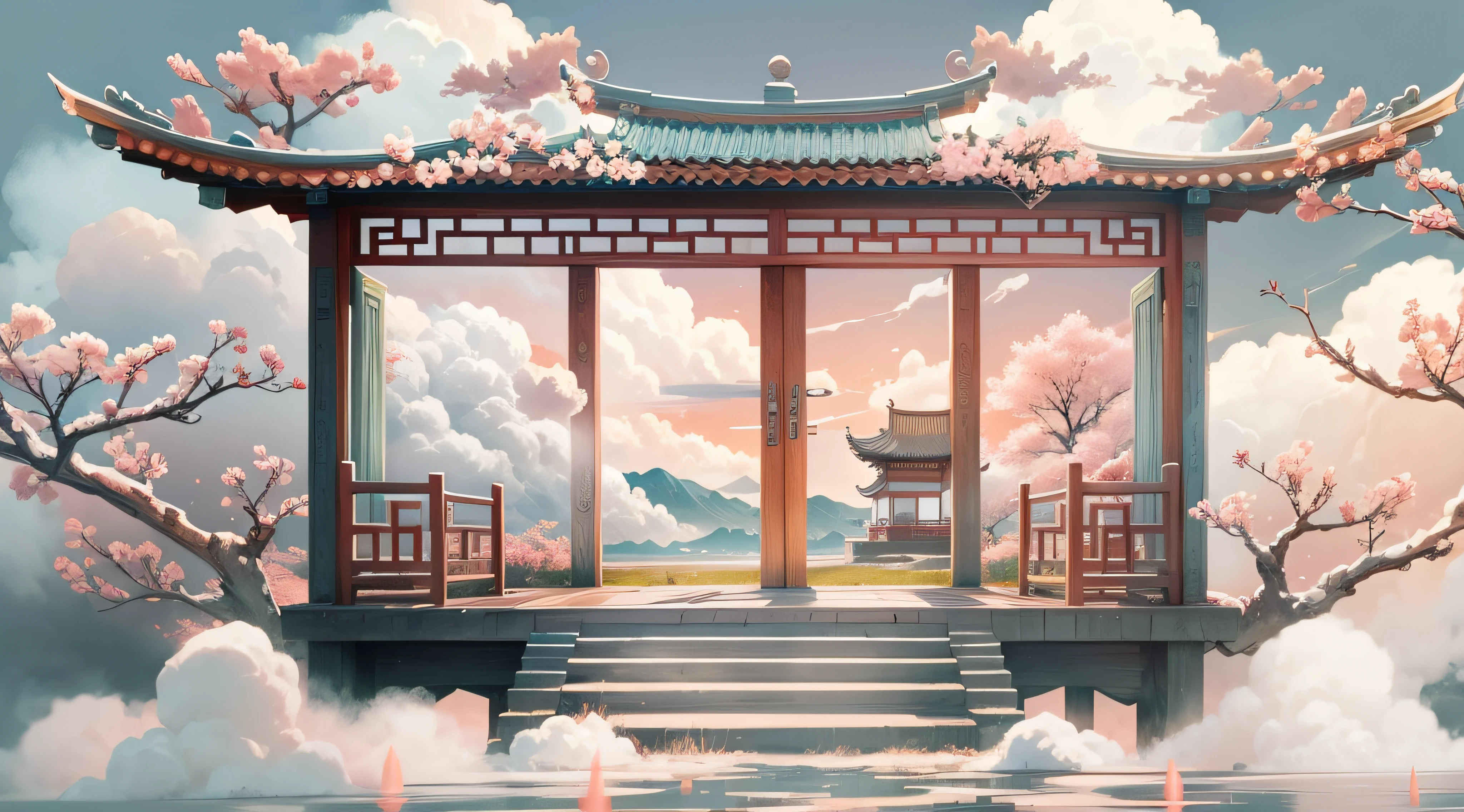 (2D illustration:1.5),tiltshift,  (Sea of white clouds:1.5), (baiyun:1.5), (peach blossom:1.2), (Small house on the white cloud), gentlesoftlighting，Oriental elements, like a dream, pastelcolor, vibrant with colors, Traditional Chinese color matching, ( Reasonable design, Clear lines, High- sharpness,Best quality, very detailed nipples, tmasterpiece, offcial art, movie light effect, 4K ),