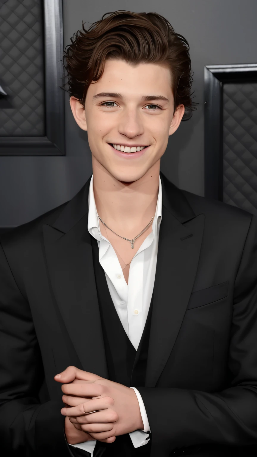 Hombre arafed con traje negro y camisa blanca sonriendo., Timothee Chalamet, Tom Holland, Retrato de Timothee Chalamet, Retrato de Tom Holland, taken in the early 2020s, Has short, curly brown hair, Encantadora sonrisa astuta, Tom Holland como un pirata, Foto de perfil, hermosa y sonriente, Tom Holland como Peter Pan