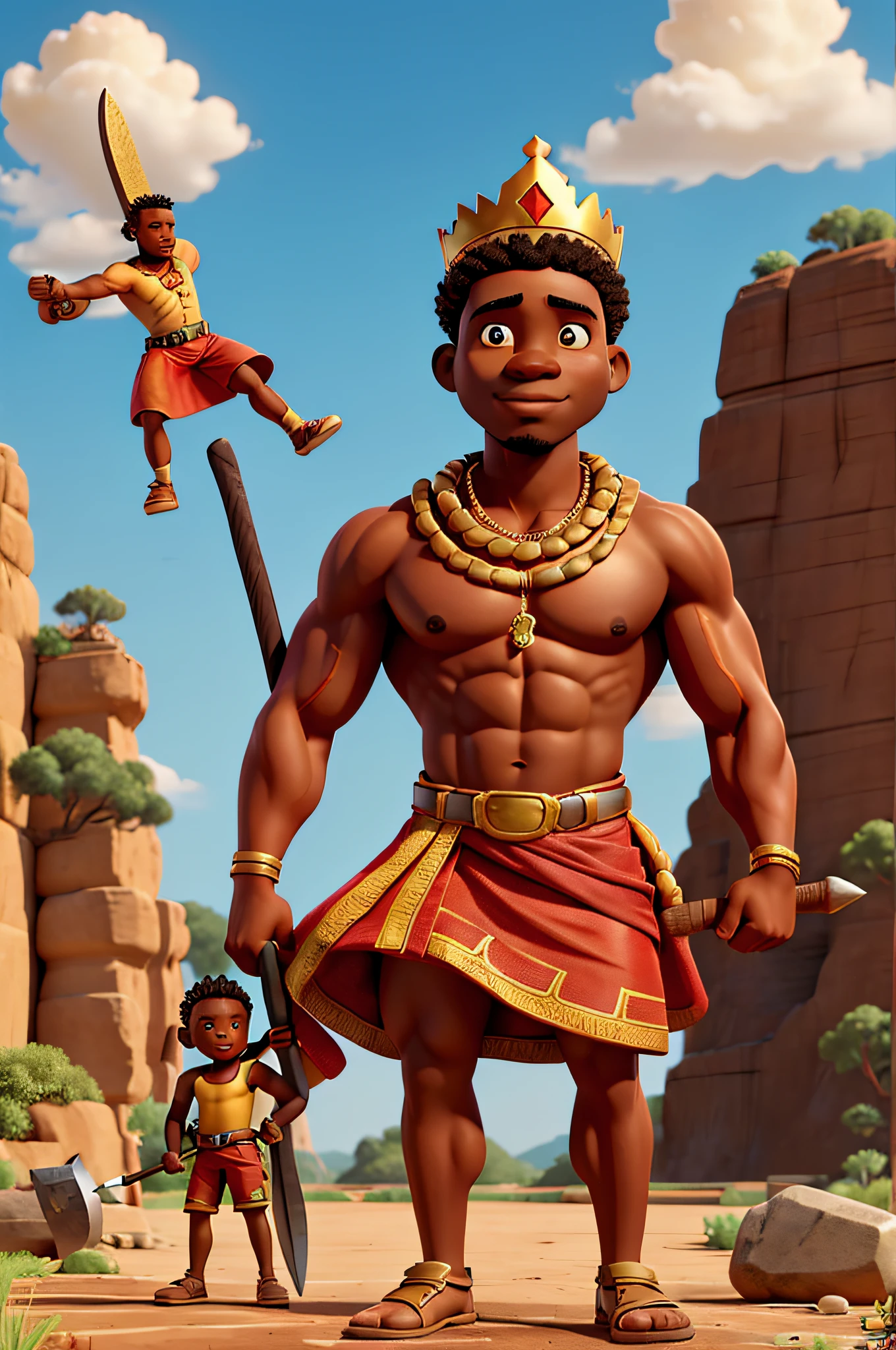 um homem africano musculoso, vestindo uma saia vermelha e uma coroa dourada, segurando um machado, na frente de uma pedreira