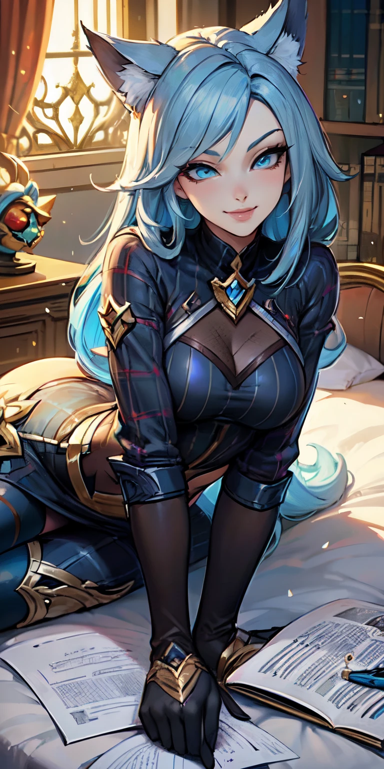 Masterpiece, 8k, art style by sciamano240, very detailed face, detailed clothes, detailed fabric, 1girl, ( Death sworn Katarina (league of legends 1.1)) beautiful face, asymmetrical long hair, light blue hair, casual clothes, thigh boots, plaid pencil skirt, black stockings, very detailed blue cat eyes, cute smirk, laying on stomach studying in bed, day, full body view , bedroom, seductive eyes,