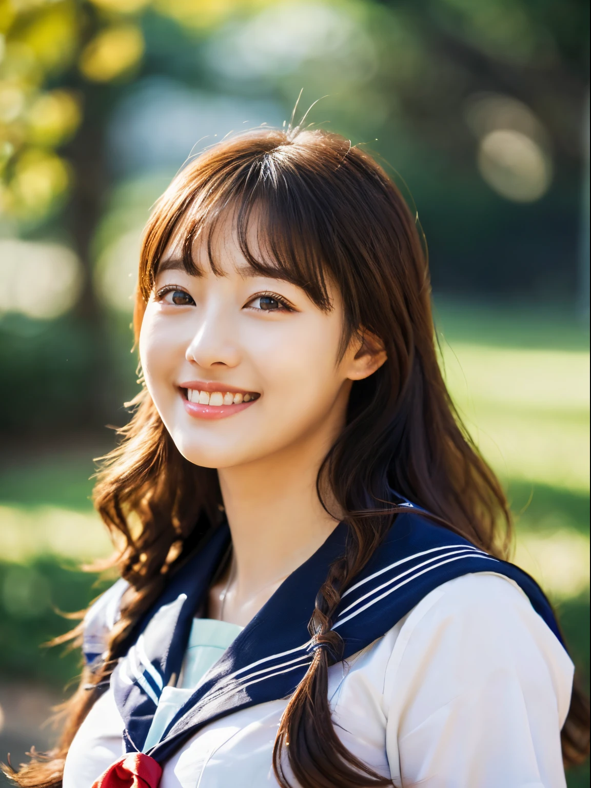 ((((top-quality))))、(((Ultra Precision CG16K Wallpapers)))、(((​masterpiece)))、(((ultra-detailliert)))、(((Ultra-extreme details)))、One woman、a matural female、a 25yo woman、((Korean Face))、((extremely beautiful face))、((Korean Idols:1.8))、((Semi-long cut、curly hair:1.2))、(shinny hair)、Bangs up to the eyebroweautiful brown hair、Beautiful delicate eyerown eyes、lofty nose、small nostrils、seductive lips、slightly open mouth、Beautiful breasts、C-cup size breasts、cleavage of the breast、Plump body、perfectly proportions、perfect anatomia、Beautiful and detailed shading、Beautiful natural lighting、Beautiful detail glow、depth of fields、(((a high chroma)))、((realisitic:1.9))、((Vivid：1.4))、((Beautiful skin))、((Skin texture))、((Realistic skin feeling))、perfect-composition、((cowboy  shot))、((Angle of view from the front))、((a smile:1.2))、(Eyes looking at me)、Bright sunshine、((a park:1.2))、(Blur the background)、((Schoolgirl sailor suit:1.5))、(a necklace)、((Waist shot)),