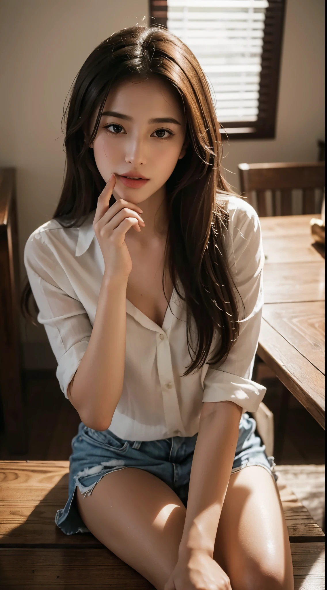 (best quality,4k,8k,highres,masterpiece:1.2),ultra-detailed,(realistic,photorealistic,photo-realistic:1.37), (1 beautiful woman : 1.2), with pursed mouth expression as if kissing, sitting at the table, hand on her chin, with long hair and piercing eyes, girl next door innocent look, Pursed expression, one finger over her lips as like a kissing