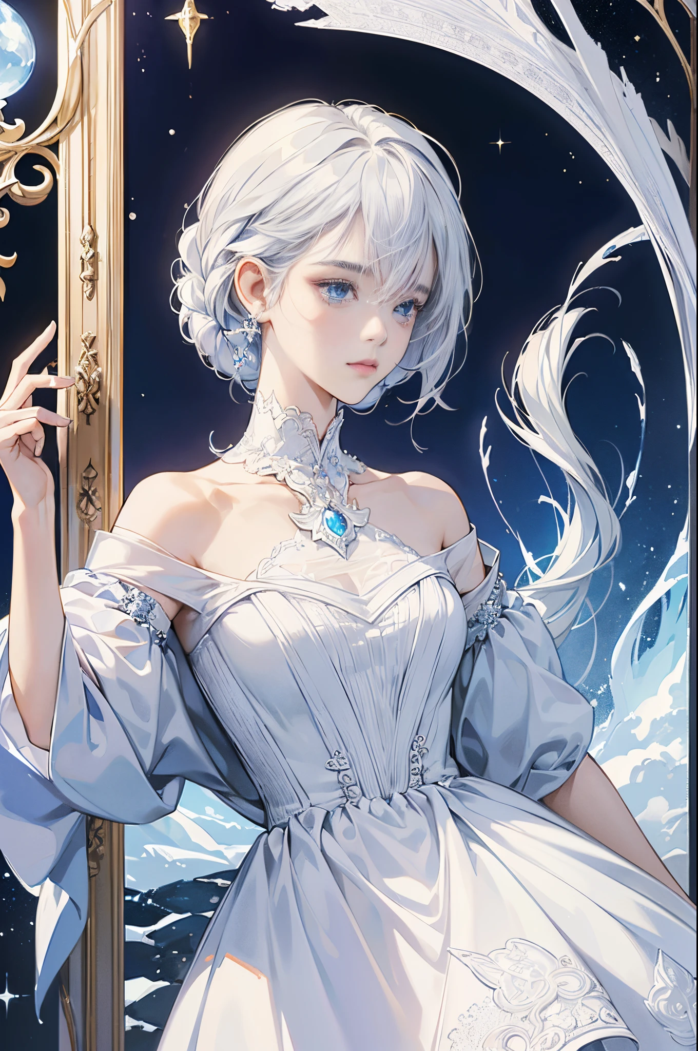 White cat motif、white silver and blue tones、((masterpiece)))、(((top-quality)))、((ultra-detailliert))、(A hyper-realistic)、(highly detailed CGillustration)、Official art、Fractal Art、Geometry learned、Abstract background、Moscow at the beginning of the 20th century、Decadent、Queen of snow、Cool Beauty、sophisticated menegance、Gorgeous、matchless beauty、Fans、gorgeous dress、diamond encrusted solo、Perfect Angle、perfect-composition