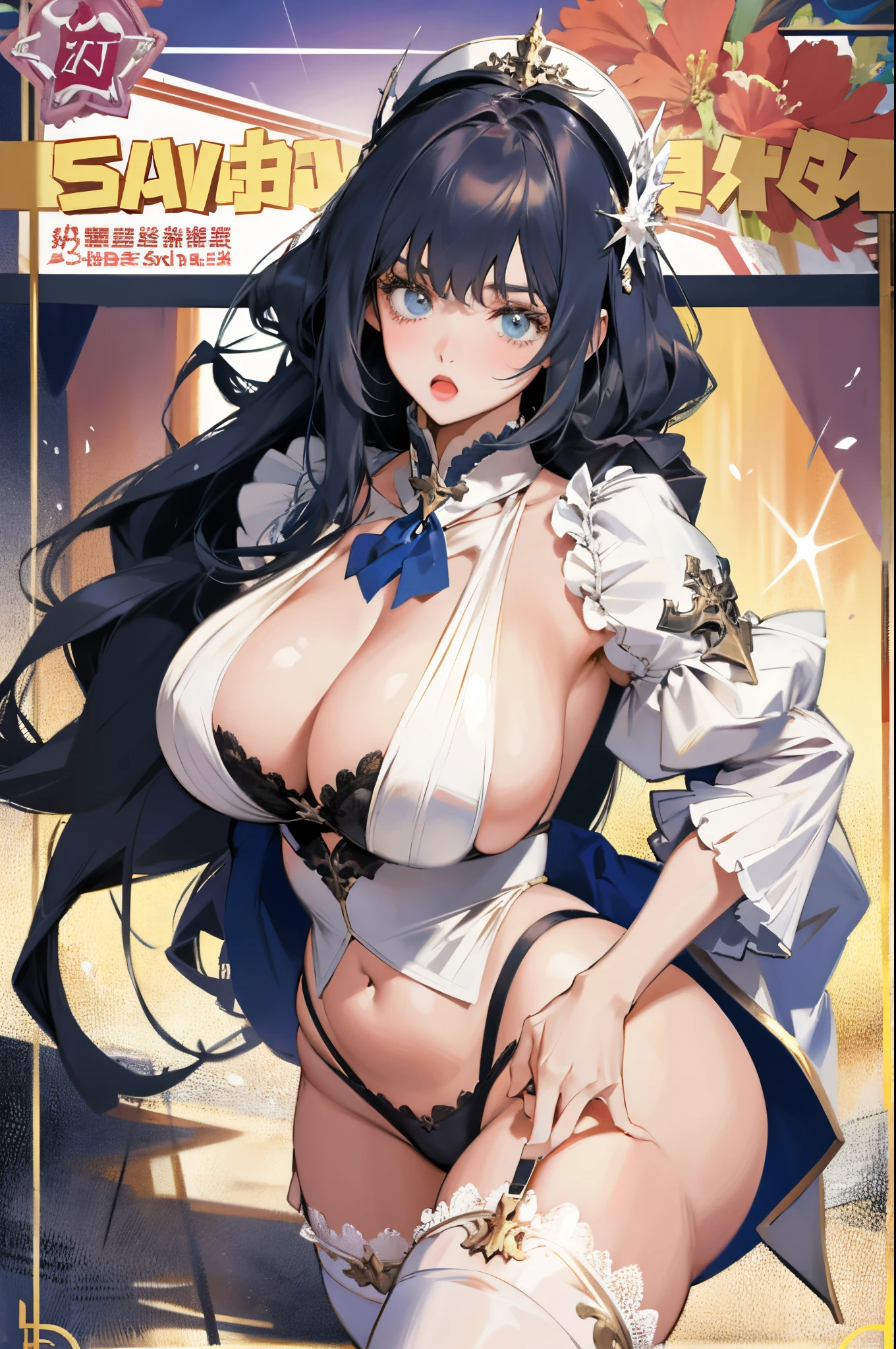 Blow blow,Plump body,having fun,exposing her big breasts,Garter stockings shape your belly,Lifting the thighs of the buttocks,比基尼,tmasterpiece,Ocean park,Comic cover style,Comic title,tmasterpiece, High- sharpness, high high quality, Detailed faces, detailed body render