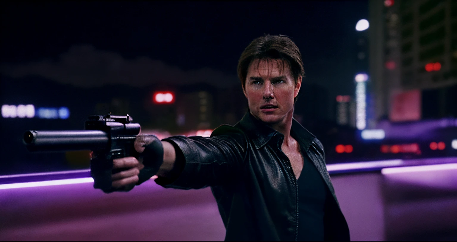 Tom cruise with a gun , Hong kong city night , 16:9 movie screen