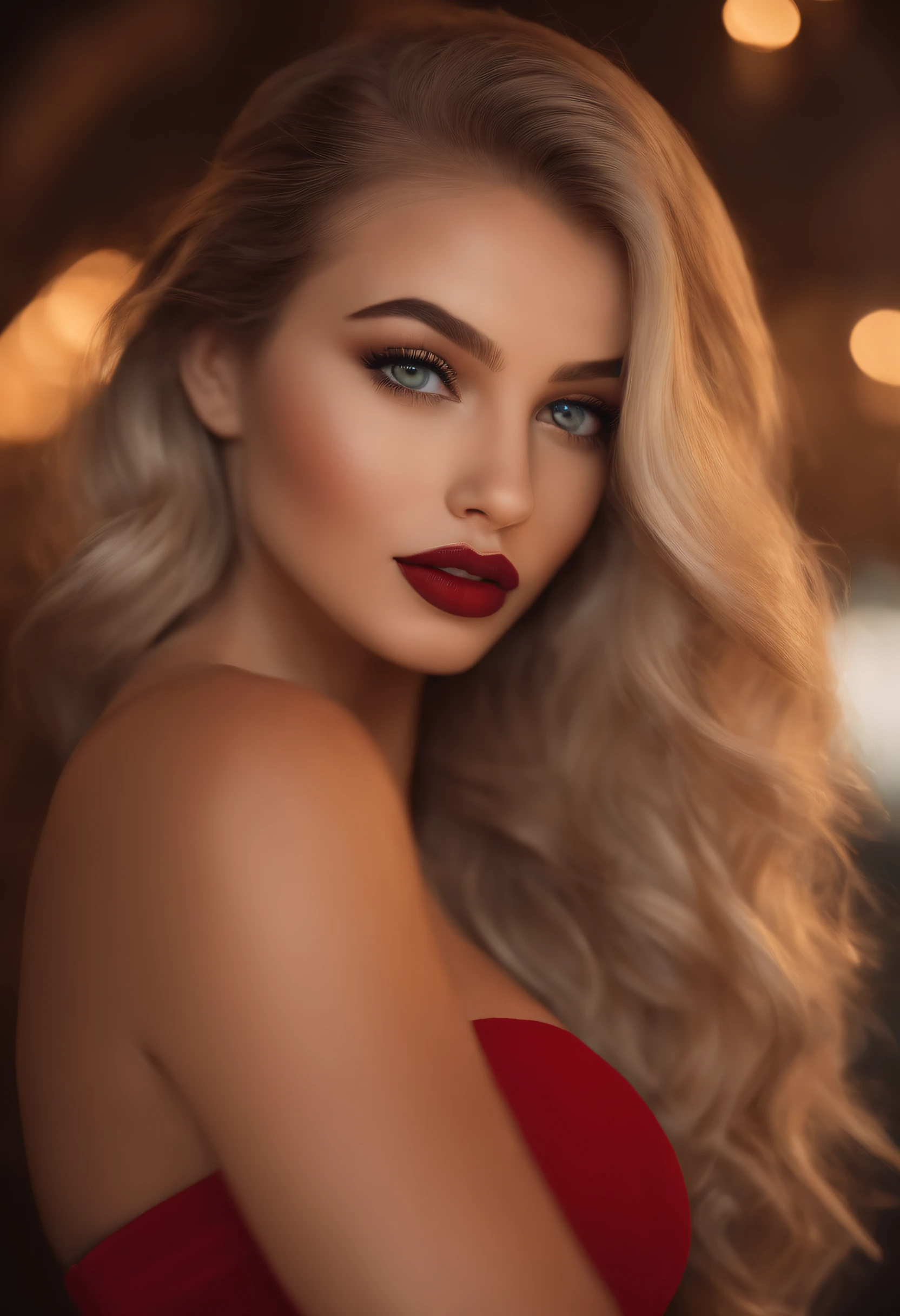 arafed woman fully , with green eyes, ultra realistic, meticulously detailed, portrait sophie mudd, blonde hair and large eyes, selfie of a young woman, , violet myers, with makeup, red lipstick, natural makeup, looking directly at the camera, face with artgram, , stunning full body shot kneeling in nightclub, medium to large size bust