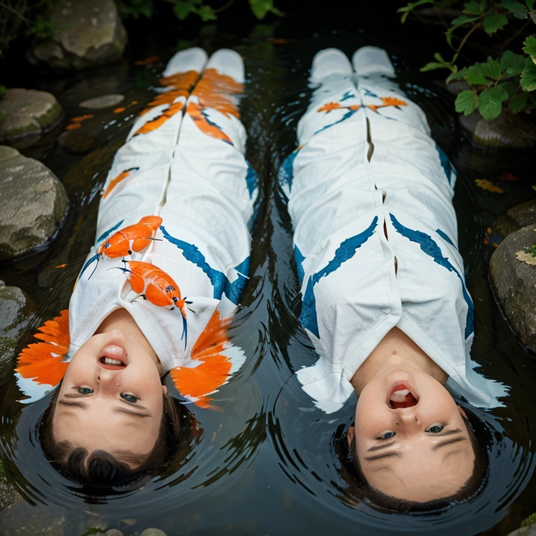 Twin fishes koi river blue clear water orange eyes