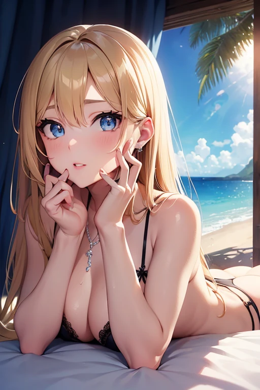 (masterpiece), (portrait), (aesthetic), (beautiful), (upper body), (high quality), (aesthetic clothings), (professional angle), (rule of thirdeminine), (woman), (female), (beautiful),(feminine features), (25 years), solo, 1 woman, (attractive British), night, Warm light, (Lying on a bed), Natural Makeup, (Medium bust), (Front face), (Refined expression), ((Classic Mood)), Pearl Necklace, ((Long hair)), (Blonde hair), (Straight hair), (Silky hair), Glossy shine hair, (Blue eyes), (Elegant look), (Seductive), (Fair skin), (black lingerie clothing), (beach background), (Medium shot), beautiful hands, two hands, normal hands, two arms, complete hands, beautiful body, beautiful fingers, normal fingers, five fingers, five fingers, (Thumb index meddle ring little fingers), normal ears, beautiful eyes, shiny eyes, beautiful mouth, beautiful lips