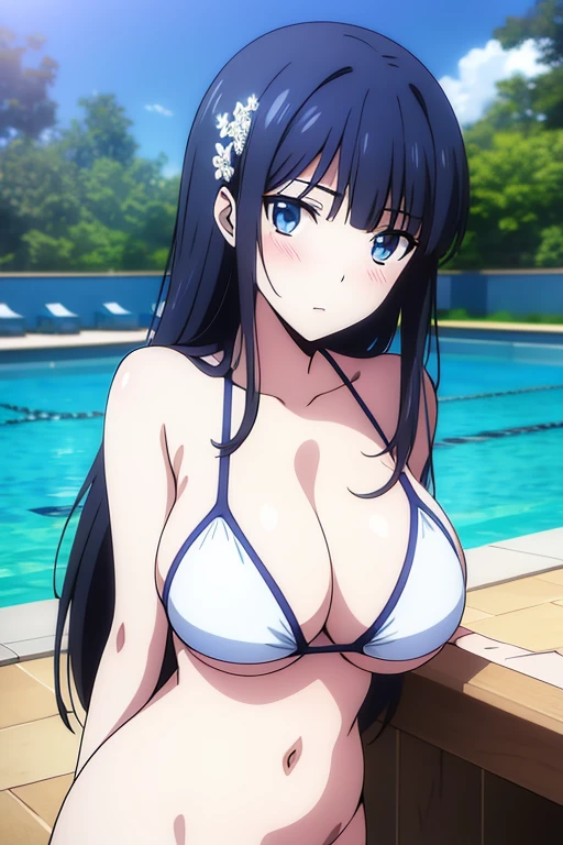 (masterpiece, best quality, high resolution, anime colored, 8k, photorealistic), Miyuki, 1girl, blush, black hair, long hair, blue eyes, (large breast, cleavage), (white micro bikini), slim, (upper body:1.5), pool, blue sky, sunlight, (perfect detailed anatomy, perfect detailed full body, beautiful detailed hair, beautiful detailed face, beautiful detailed eyes, beautiful detailed breast, beautiful detailed bikini)