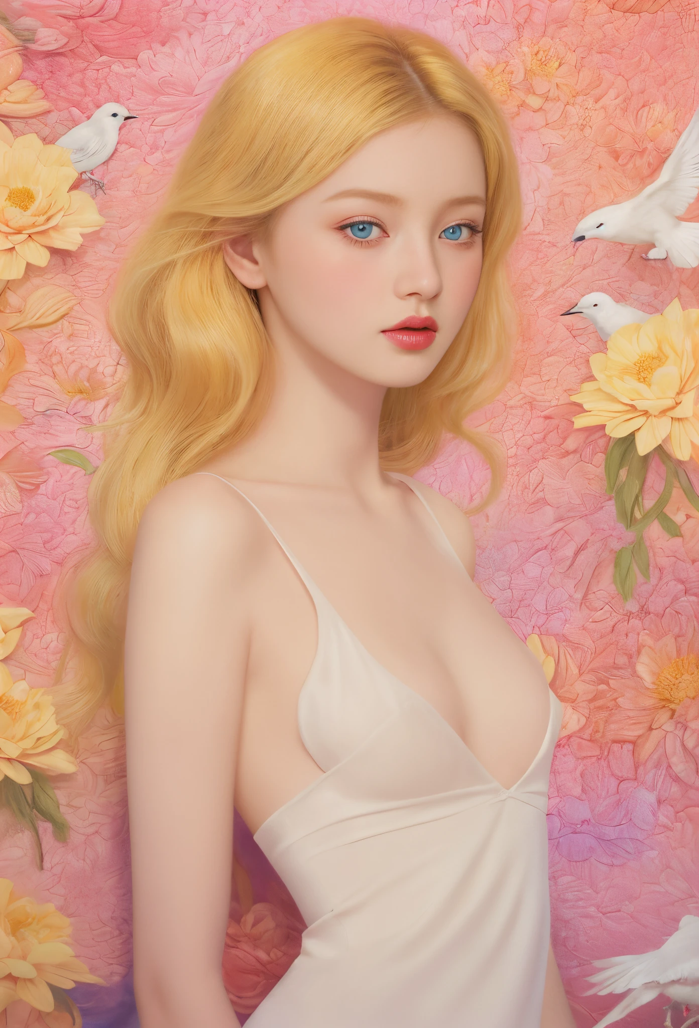 Tonal design, blond woman with blue eyes and a bird in a floral background, exquisite digital illustration, stunning digital illustration, beautiful digital illustration, in style of anna dittmann, anna dittmann alberto vargas, inspired by Hsiao-Ron Cheng, natalie shau tom bagshaw, a beautiful artwork illustration, elegant digital painting, james jean and wlop, beautiful digital artwork, small tit