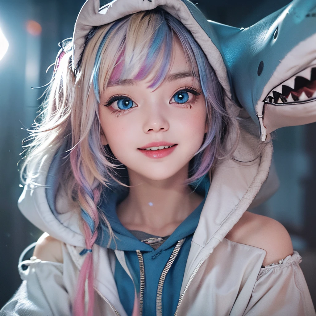 (masterpiece), 8k cg, stunningly beautiful girl, intricate details, chromatic aberration, ((bust shot)), ((looking at viewer)), 1girl, (gura, multicolored hair, blue eyes, side ponytail, blue shark hoodie, shark hair ornament, tail, short hair), (blue eyes, sparkly eyes, extremely detailed eyes), extremely beautiful and delicate portrait, , cute face, wide smile, joyful, soft cheeks, blush, makeup, absurdres, cinematic lighting, dynamic lighting, fantasy, ((dark background, fog))