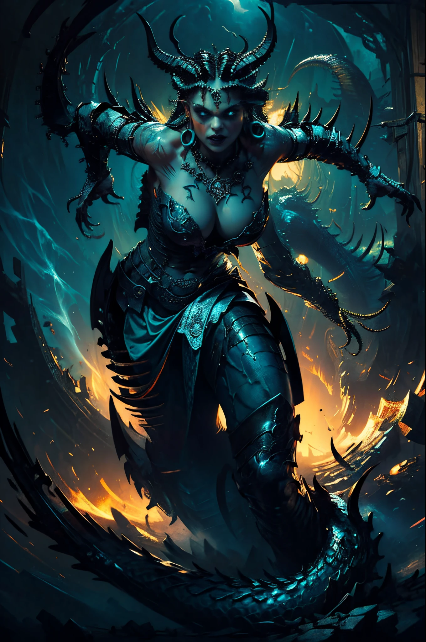 ，evil, Gothic art, chiaroscuro, tachi-e, projected inset, dutch angle, emphasis lines, masterpiece, ccurate, anatomically correct, highres, best quality, super detail, award winning，D14bl0 style Medusa，, (4 arms), greek myth, lamia，, Epic war fantasy digital art，(greg rutkovsky:0.8), (cyan and orange:0.4），character chart, tachi-e