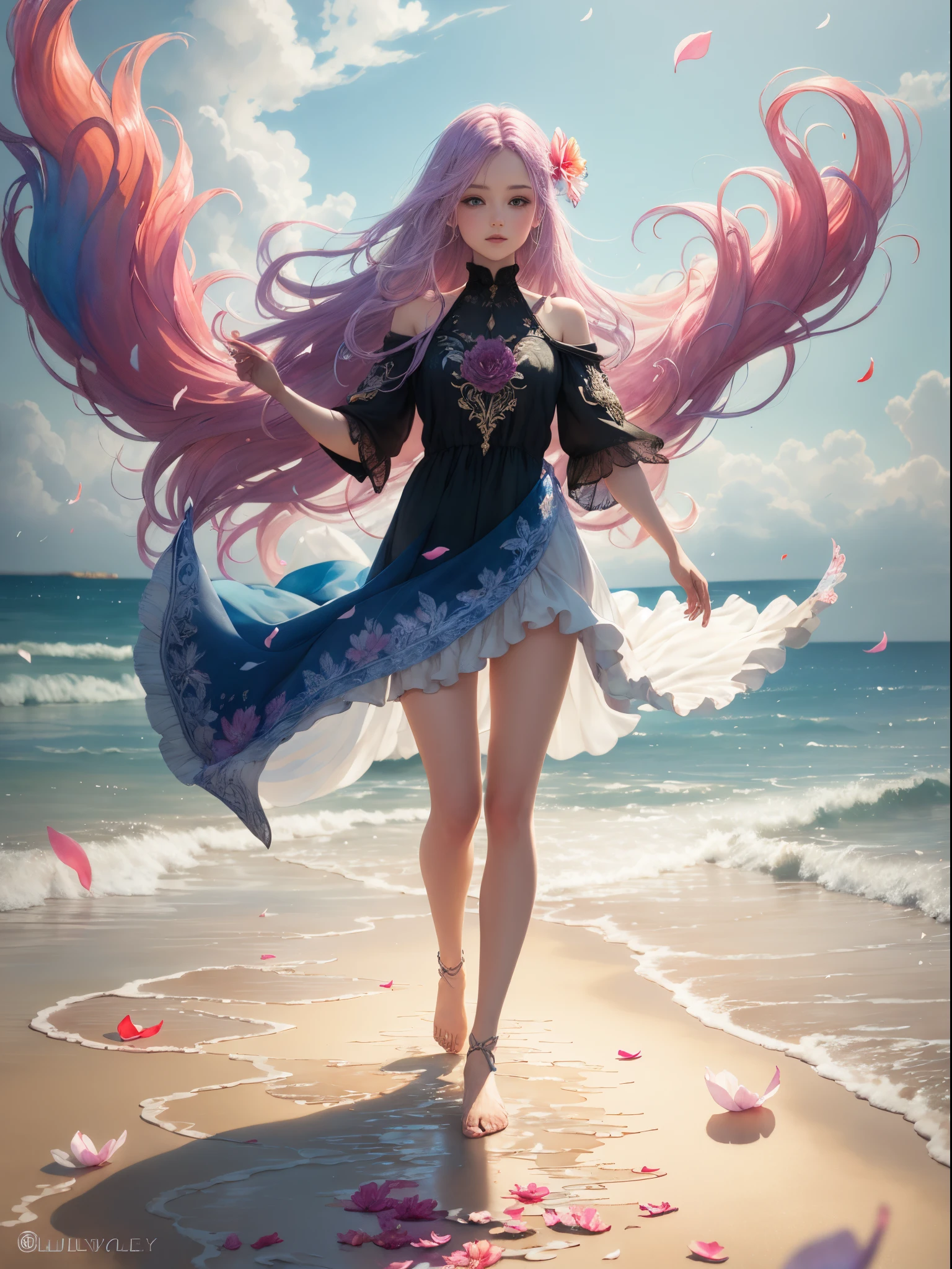 Playing in the tide,Luxley, Split color hair, Wind, Flying petals, stainedglassai, ornamental, Intricate details, dufkova, 2D, linear art, watercolor paiting, ink watercolor, random colored hair, Super long hair, Wavy, 1girl in,alraune,flower, alraune,