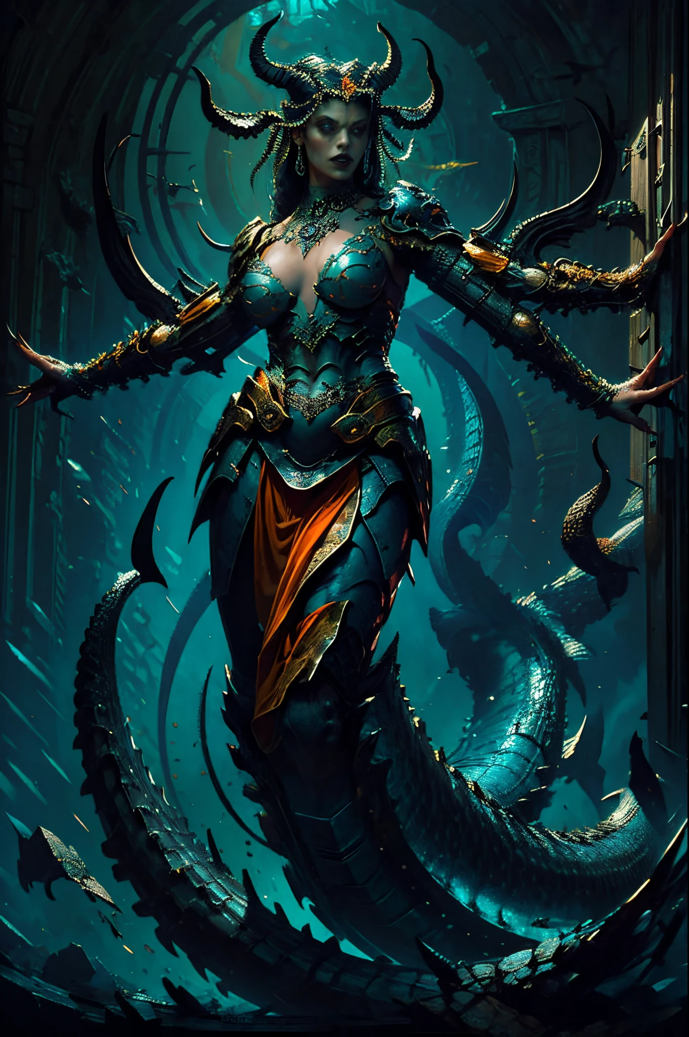 ,evil, Gothic art, chiaroscuro, tachi-e, projected inset, dutch angle, emphasis lines, masterpiece, ccurate, anatomically correct, highres, best quality, super detail, award winning,D14bl0 style Medusa,, (4 arms), greek myth, lamia,, Epic war fantasy digital art,(greg rutkovsky:0.8), (cyan and orange:0.4),character chart, tachi-e