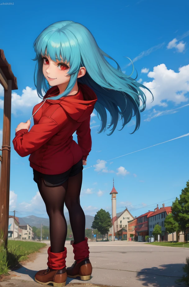 palla, Blue hair, Red Eyes,  Bang, Long hair, 
,  Smile, White Hoodie，Black shorts，brown short boots，Black pantyhose king standing performance,  Upper body, Town,     
(Insanely detailed, beautifull detailed face, masutepiece, Best Quality), Solo,