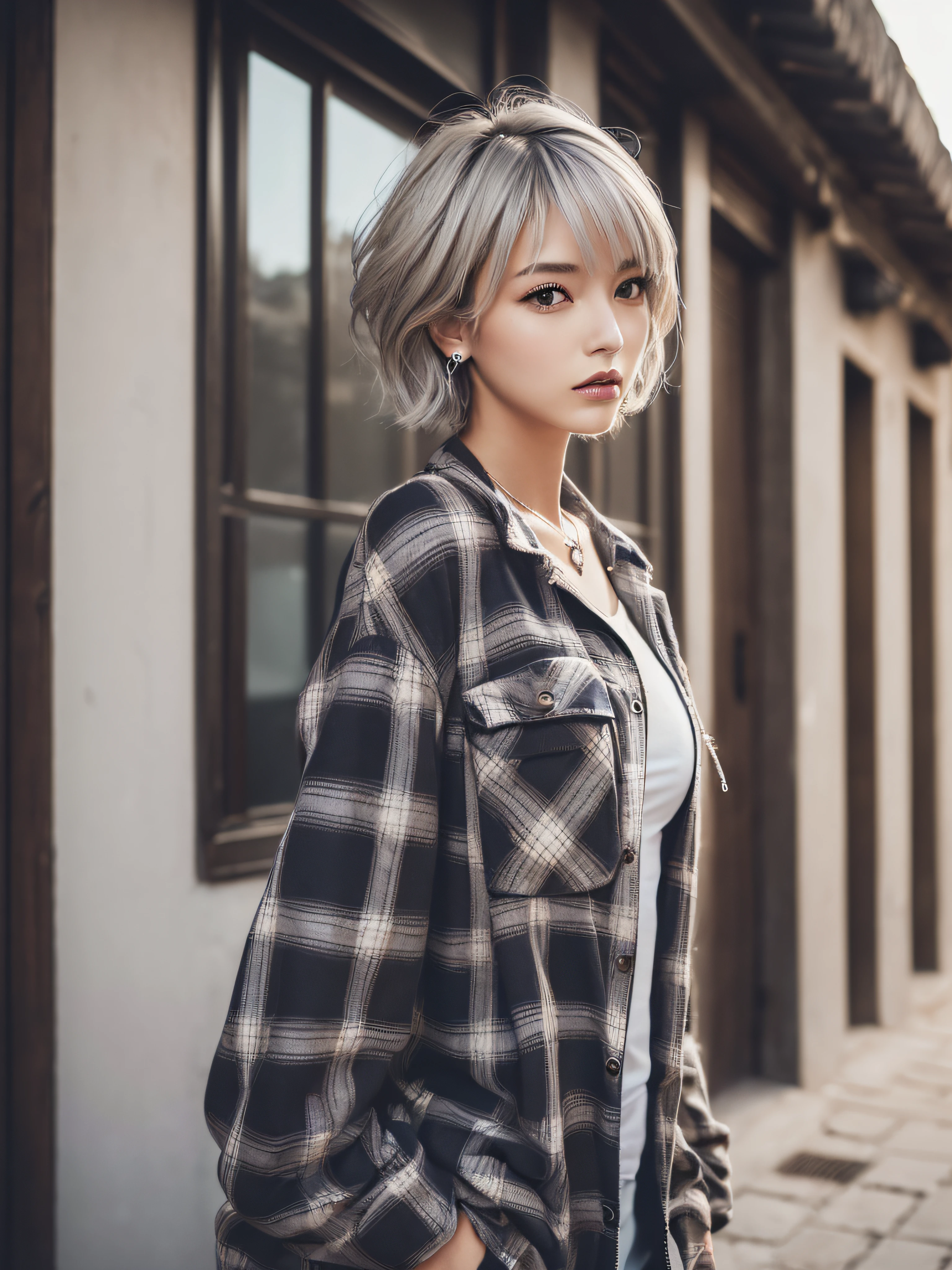 (((​masterpiece,top-quality,16 K,Ultra Detail,reallistic))),One lady,Japan beauties,Photographed from the waist up from the side,Looking here,((Trendy hairstyles,short-hair,bobhair,Air bangs,Silver hair color)),(Posing like a fashion model,Looks like a model,cool expression,Large duplex,Super delicate appearance,small tits,flat breast,Model body type,Trendy makeup),(Piercing,Trendy fashion,Checked shirt,jaket,long-sleeve,Less exposure),(outside of house,Streets in Spain)