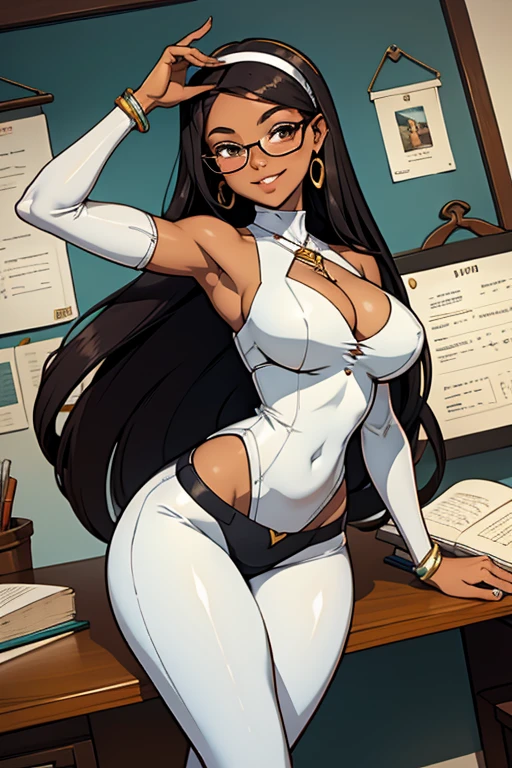 uma linda secretaria morena em pe dentro de um escritorio,usando saia curta apertada com sueter branco,meias pretas apertada,sexy usando oculos,morena sexy meias pretas longas,stocking black sexy, belo sorriso sedutora coxas lindas, belas coxas meias pretas