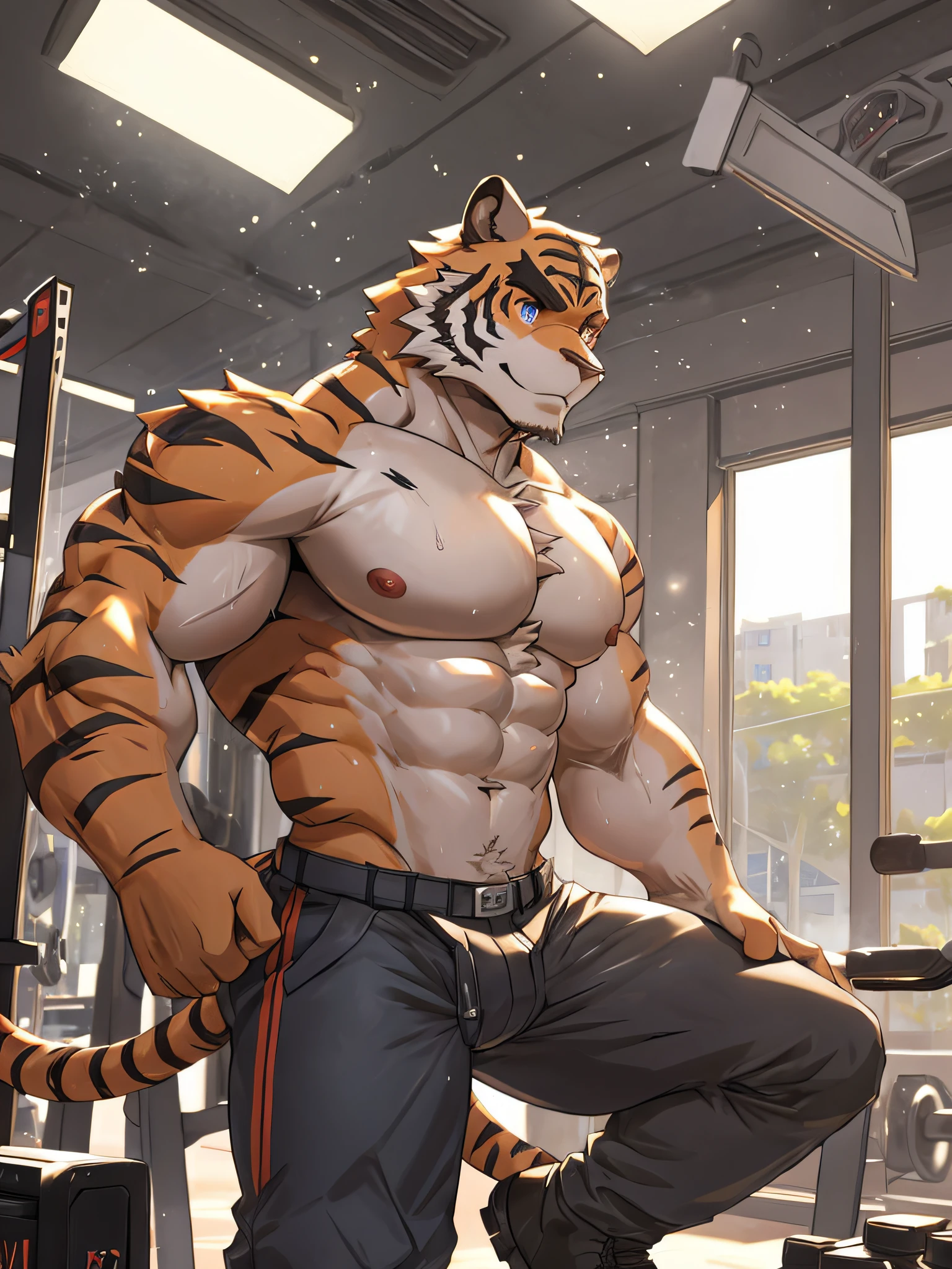 furry,pink fur tiger,Dark pink eyes,muscular,Nude body,wearing military pants,Wear combat boots.,Exercise at the gym,In the barracks..,There are sweat stains on the body..,Turn to look at the listener,Dynamic images,HDR,10,Maximum image resolution,maximum body details