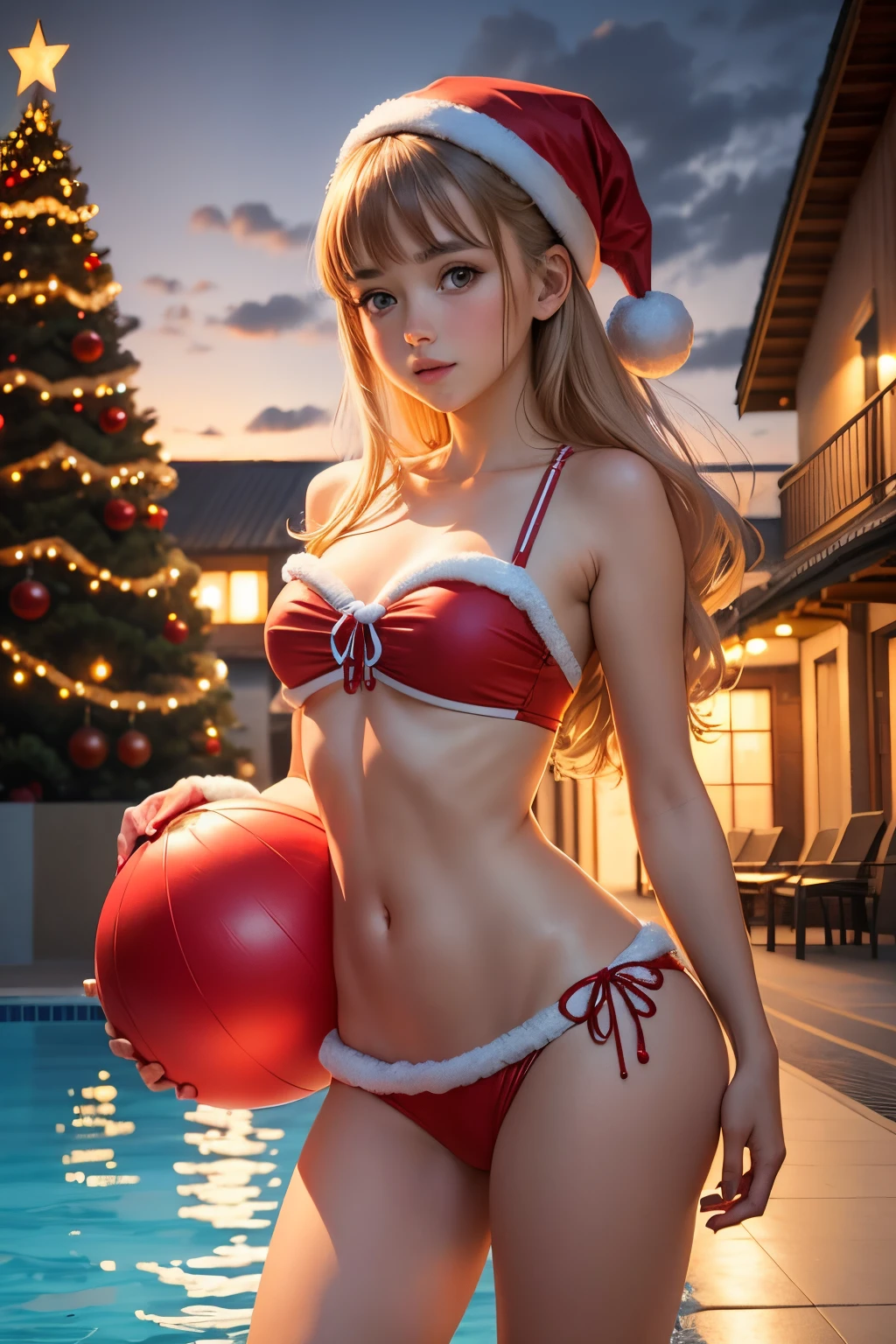 A beautiful girl dressed as Santa Claus swimming in the swimming pool. There a Christmas tree beside the swimming pool, decorated with colorful light bulbs.