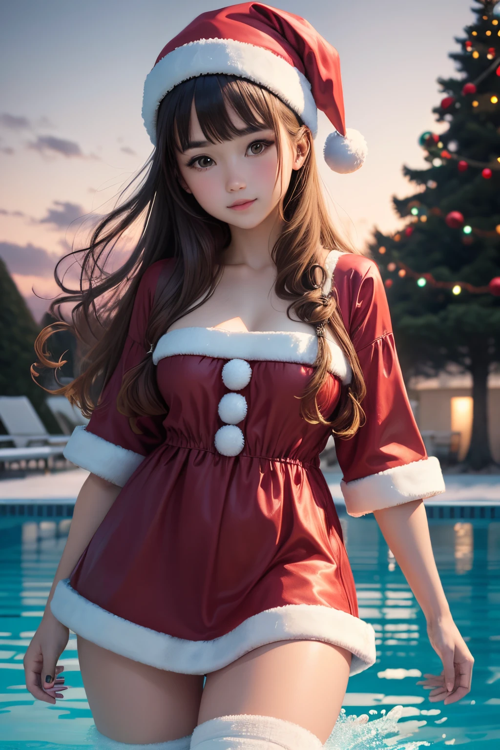 A beautiful girl dressed as Santa Claus swimming in the swimming pool. There a Christmas tree beside the swimming pool, decorated with colorful light bulbs.