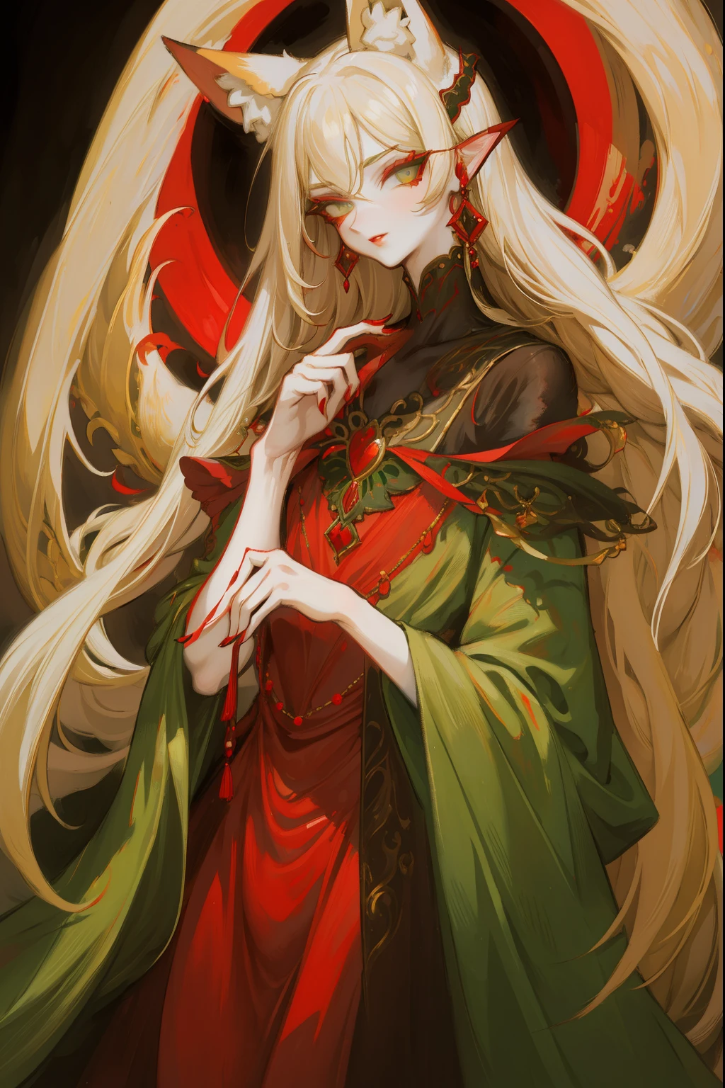 Upper body standing painting, sweetheart, solo, pale-skinned, (Fox ears), Elaborate Eyes, detail in face, Green-eyed, Red Eyeshadow, lips in red, black magic dress, awas, pervert smirk, tmasterpiece, high high quality, minimum, Tiny,