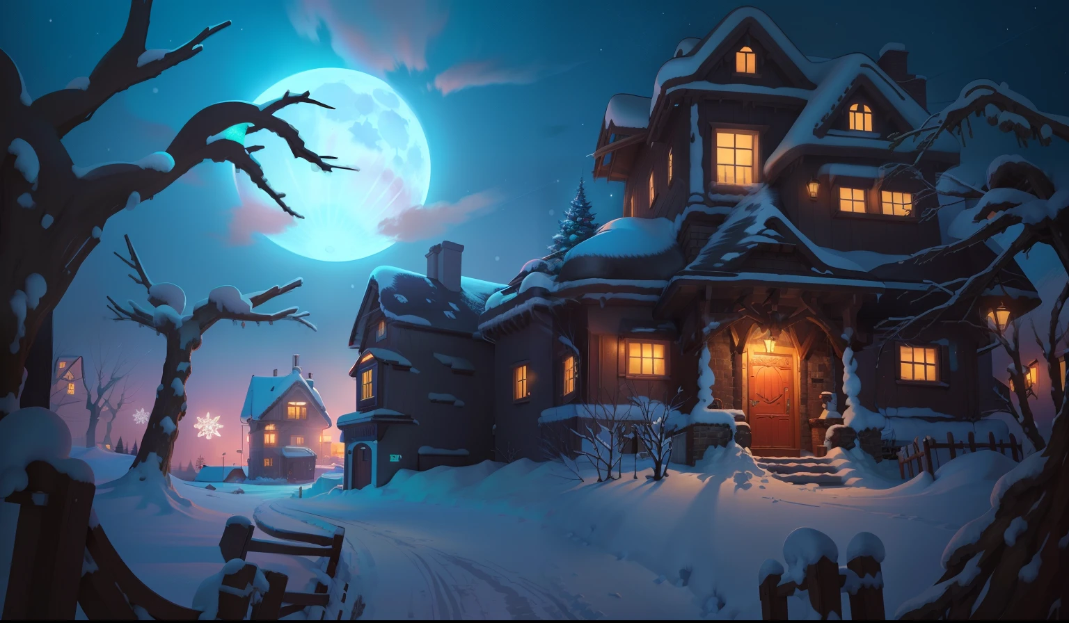 Illustration of weird house with full moon in the background,Christmas elements,snow landscape,gifts,christmas