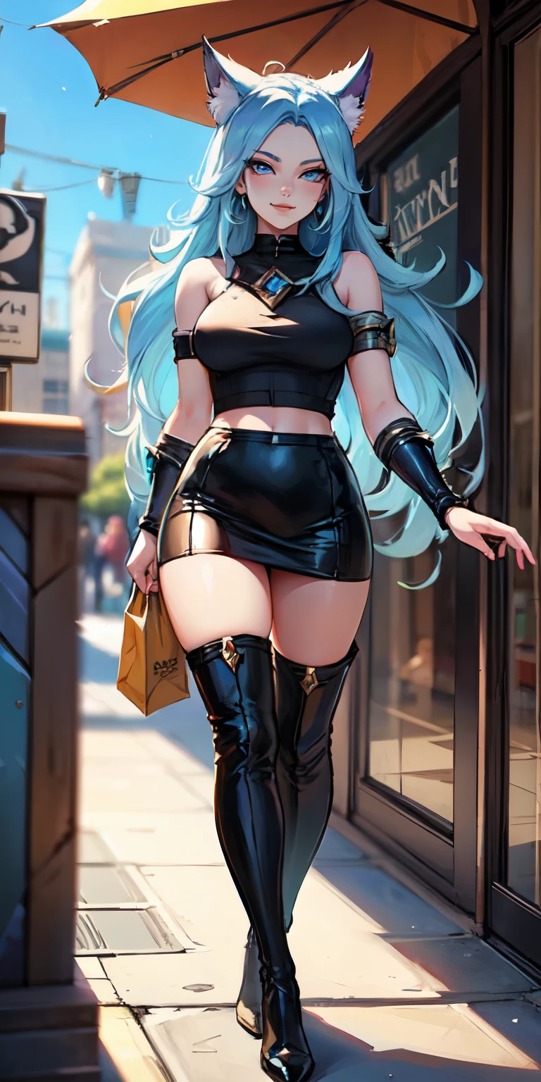 Masterpiece, 8k, art style by sciamano240, very detailed face, detailed clothes, detailed fabric, 1girl, ( Death sworn Katarina (league of legends 1.1)) beautiful face, asymmetrical long hair, light blue hair, out shopping, wearing Prada top, Dior thigh boots, plaid pencil skirt, black stockings, very detailed blue cat eyes, cute smirk, Walking outside , sunny day, full body view , seductive eyes,