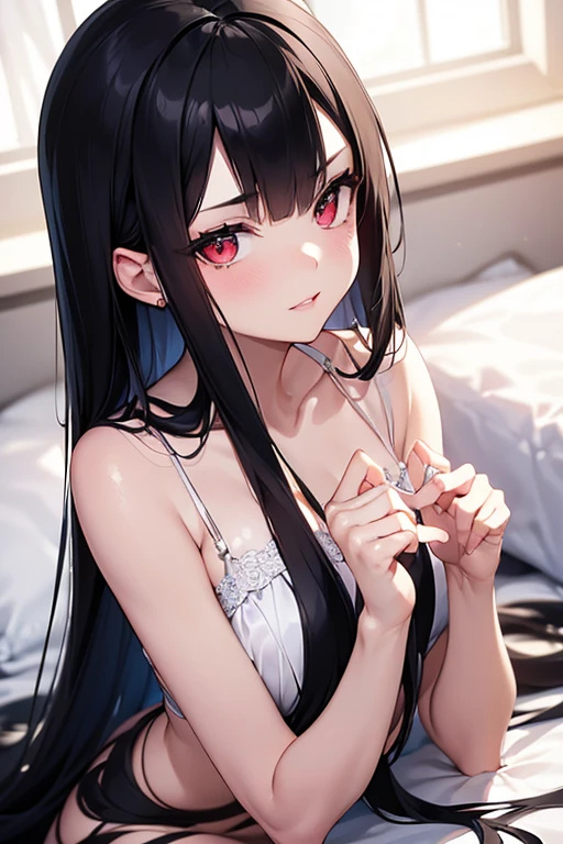 (masterpiece), (portrait), (aesthetic), (beautiful), (upper body), (high quality), (aesthetic clothings), (professional angle), (rule of thirdeminine), (woman), (female), (beautiful),(feminine features), (25 years), solo, 1 woman, (attractive British), night, Warm light, (Lying on a bed), Natural Makeup, (Medium bust), (Front face), (Refined expression), ((Classic Mood)), Pearl Necklace, ((Long hair)), (Black hair), (Straight hair), (Silky hair), Glossy shine hair, (Red eyes), (Elegant look), (Seductive), (Fair skin), (white lingerie clothing), (beach background), (Medium shot), beautiful hands, two hands, normal hands, two arms, complete hands, beautiful body, beautiful fingers, normal fingers, five fingers, five fingers, (Thumb index meddle ring little fingers), normal ears, beautiful eyes, shiny eyes, beautiful mouth, beautiful lips